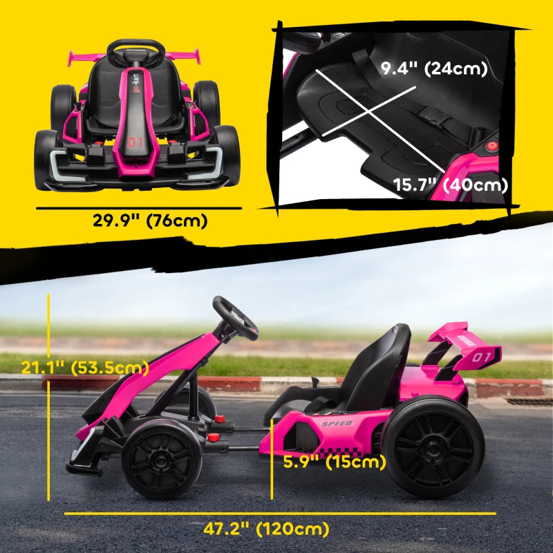 Aosom 24V Electric Go Kart, Battery Powered Kids Drift Kart with Adjustable Seat, Seat Belt, Horn, Music, Light, Pink