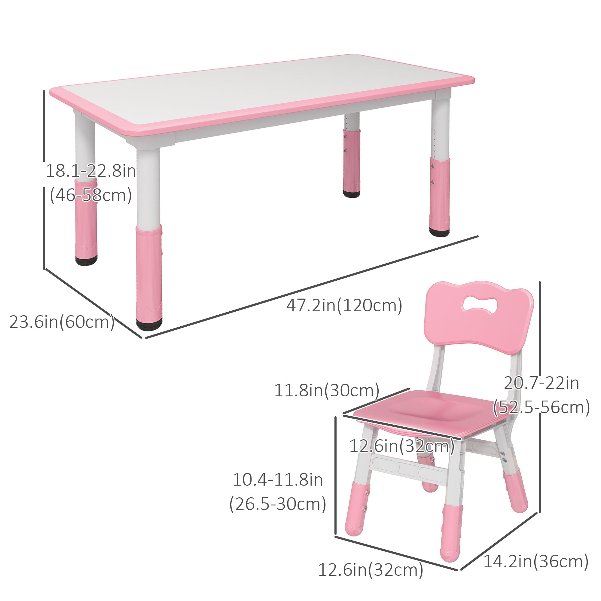 Qaba Kids Table & 4 Chair Set: Adjustable Height, Durable, Easy Clean for Toddlers in Pink 