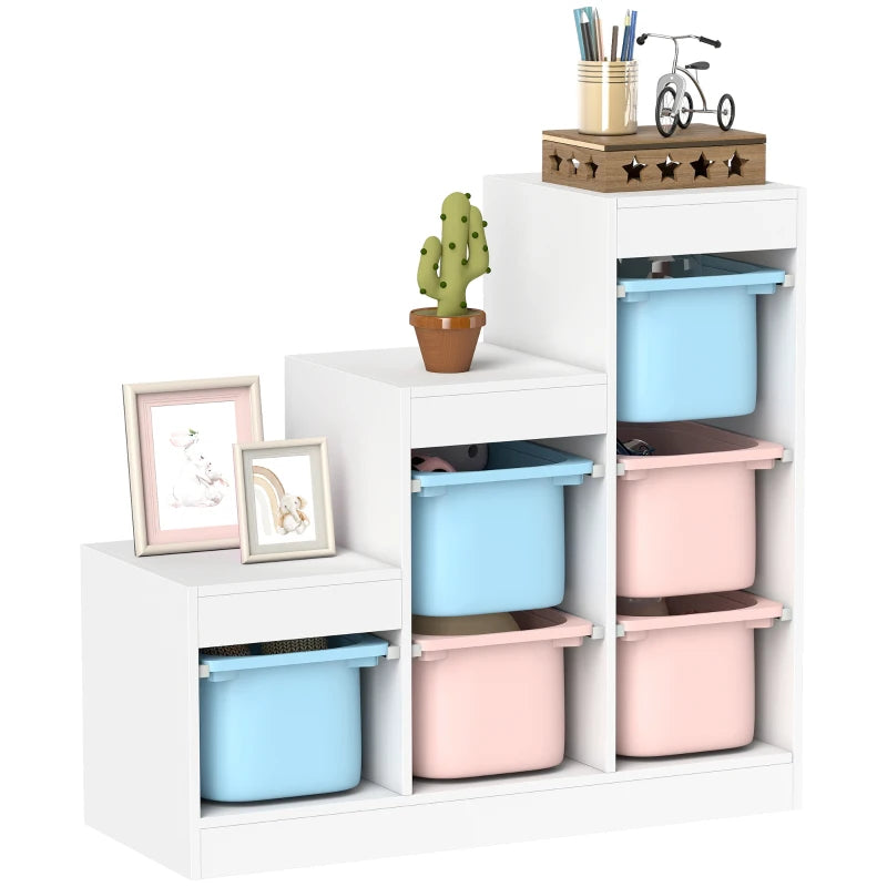 Qaba 3 Layers Toy Storage Organizer Kids Bookshelf Children Toy Storage w/ 6 Plastic Bins, Blue & Pink