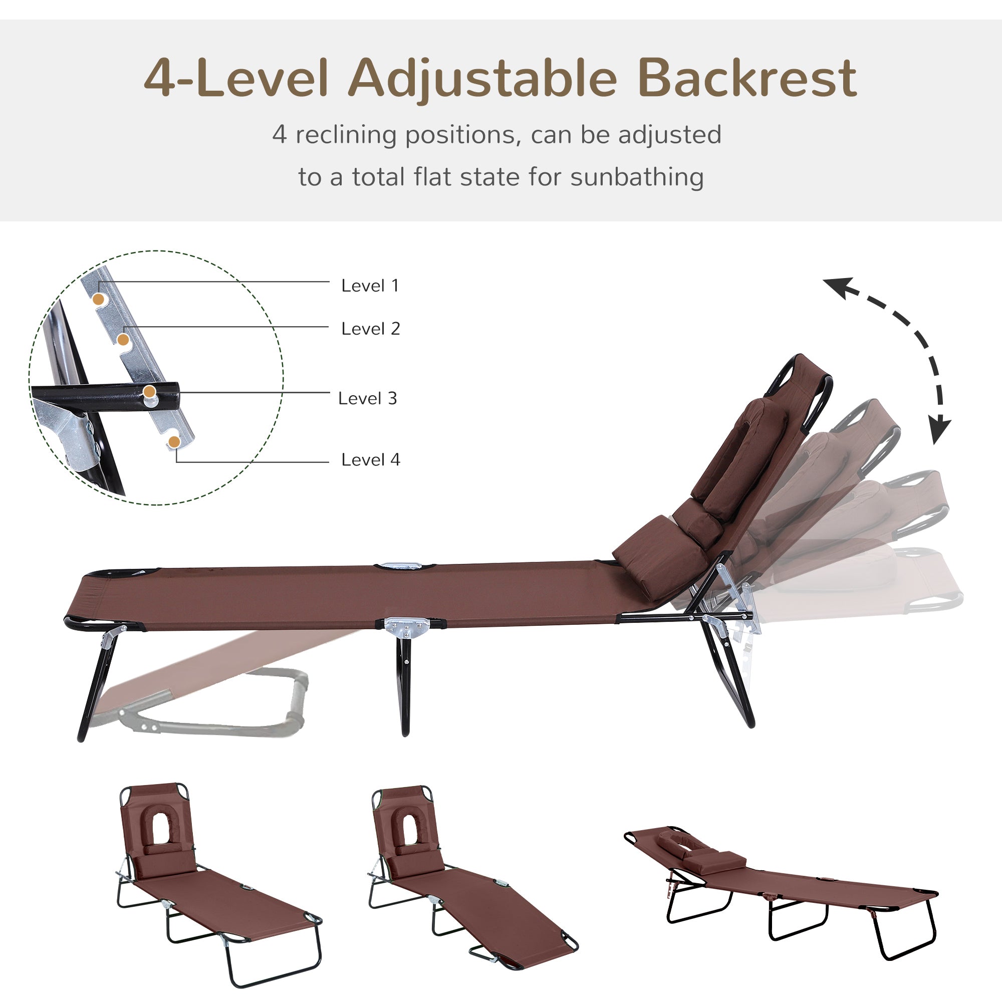 Outsunny Sun Lounger with Reading Hole, Adjustable, Foldable, for Beach & Camping, Outdoor Recliner - Brown 