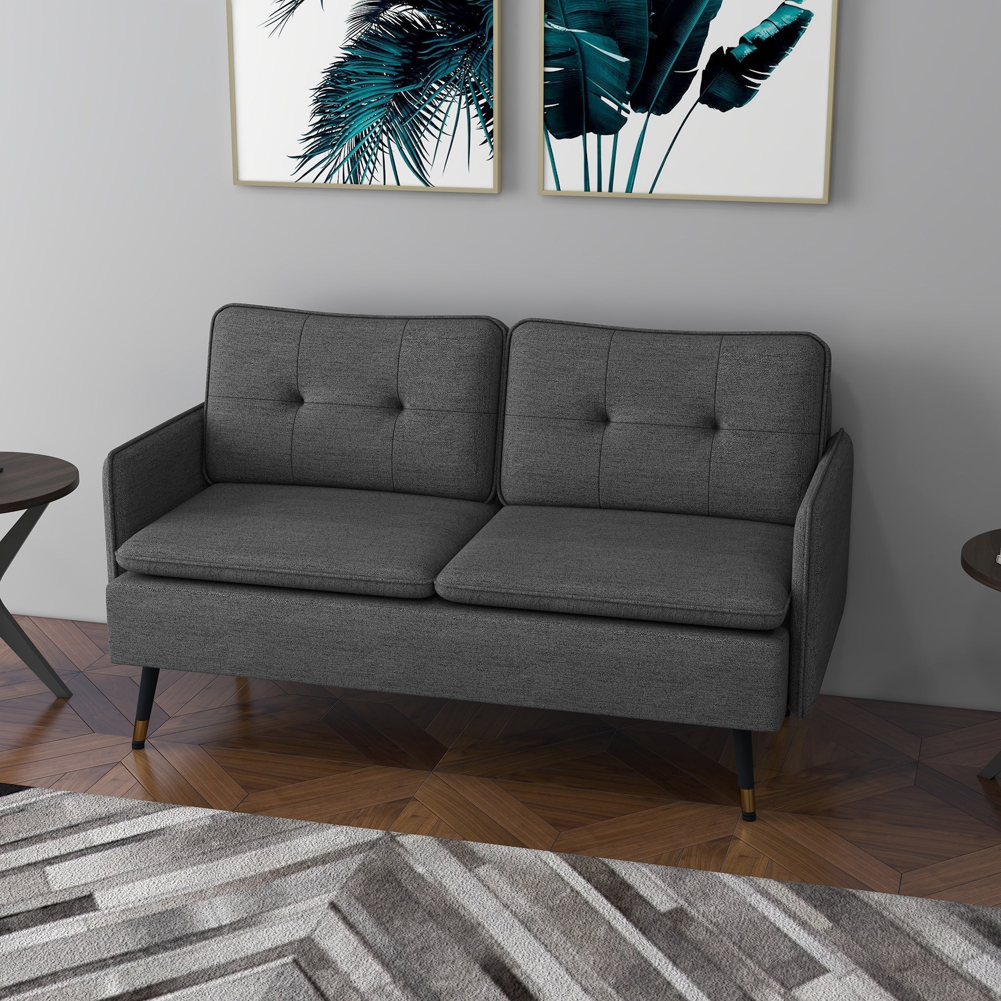 HOMCOM Modern 55" Fabric Loveseat Sofa Button Tufted Back Steel Legs Bedroom Living Room Dark Grey 