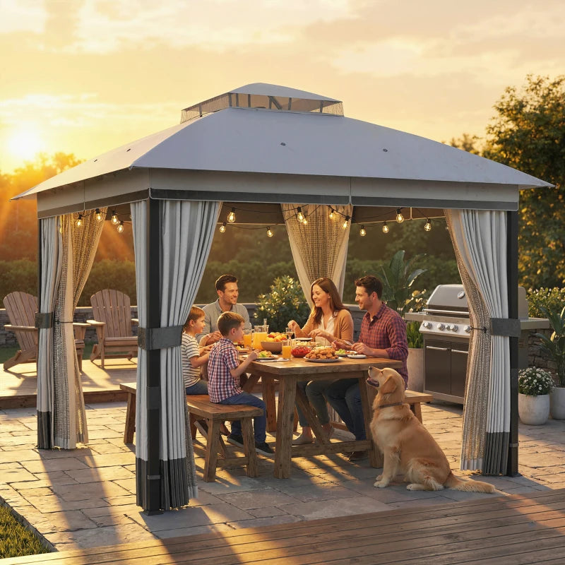10' x 10' Patio Gazebo with Double Roof, Mesh Netting & Curtains, Steel Frame Outdoor Garden Gazebo, Light Grey