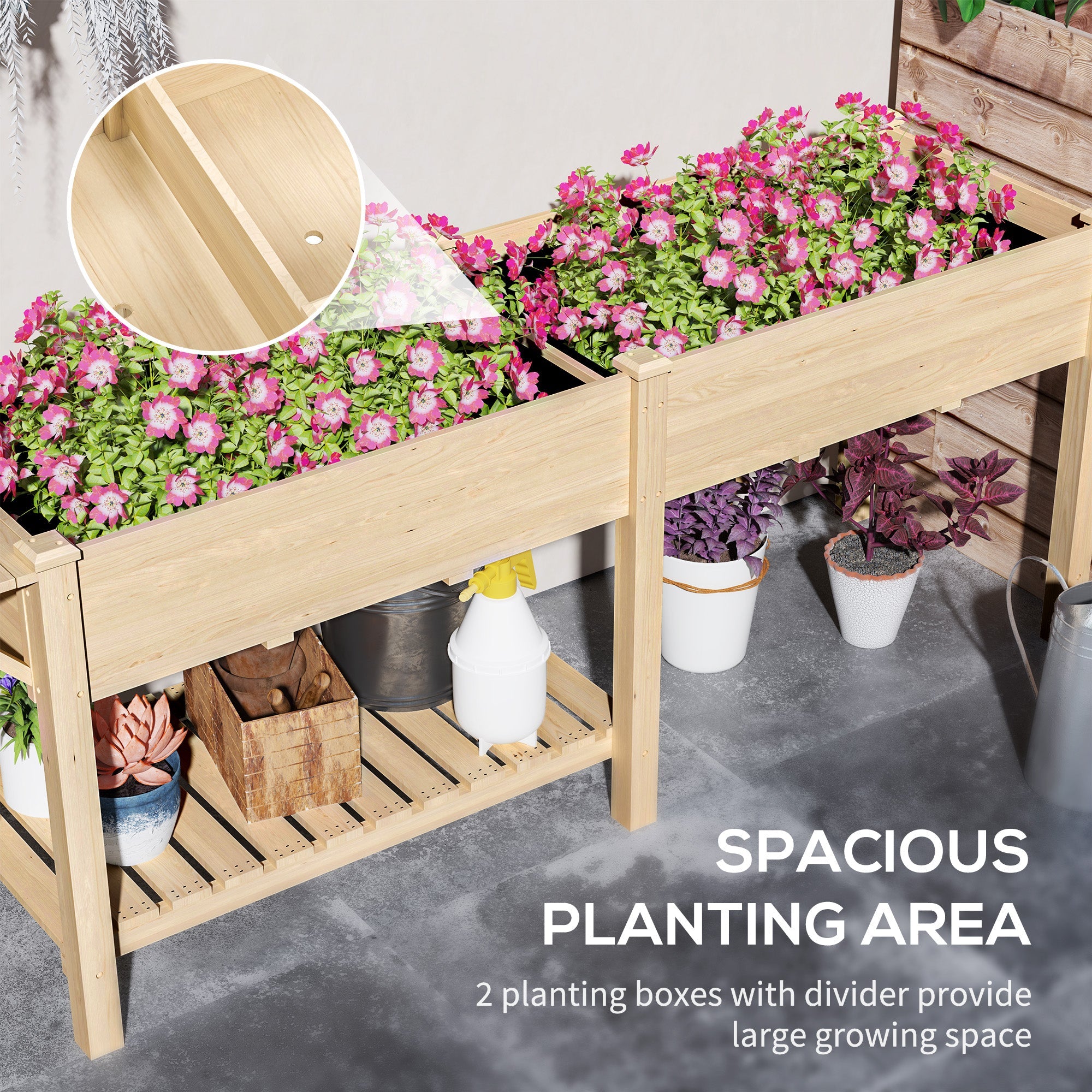 Outsunny Raised Garden Bed, Wood Planter Box with Side Table, Bottom Shelf, Bed Liners and Drainage Holes, Natural 