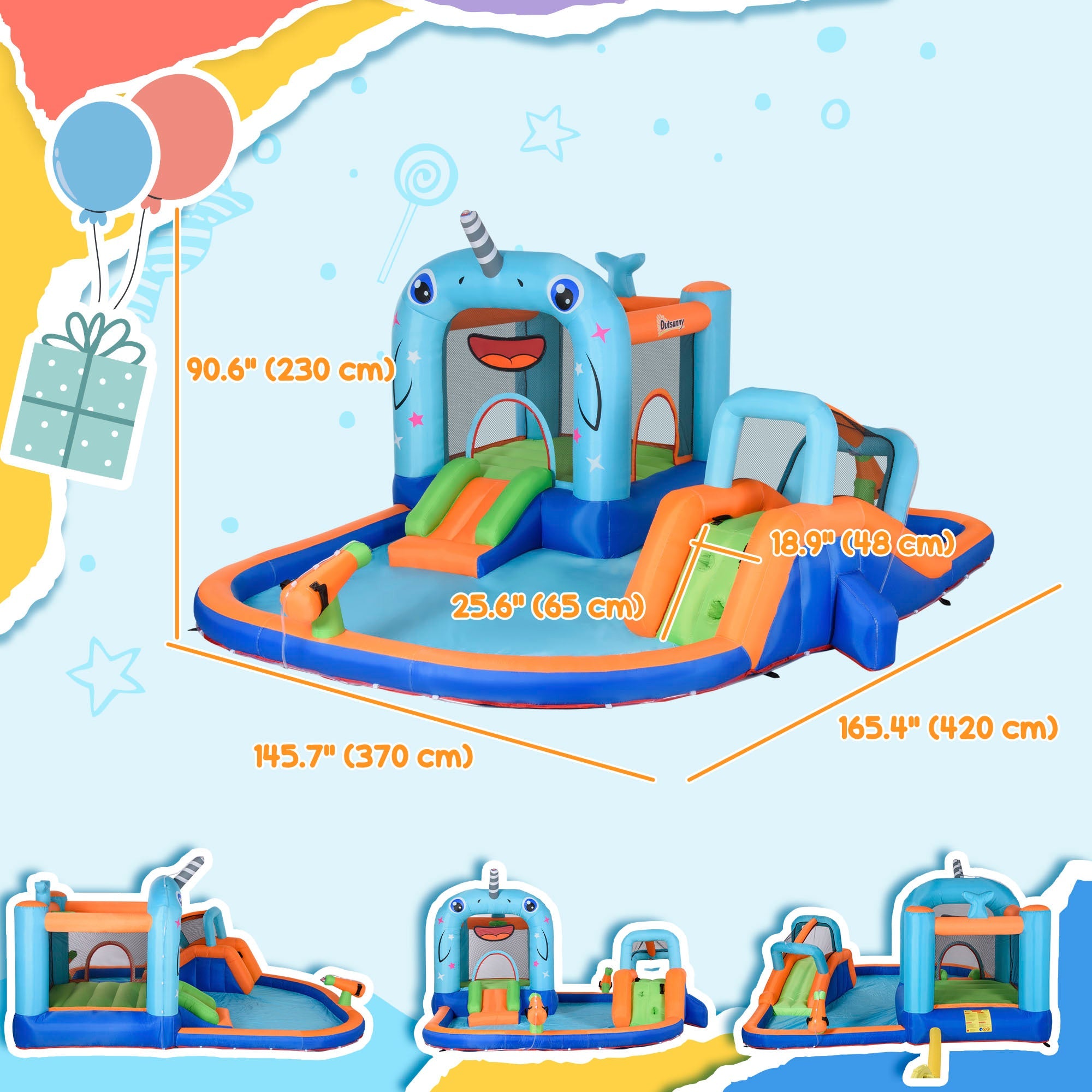 Outsunny Narwhals Style 5-in-1 Inflatable Water Slide Kids Bounce House with Trampoline Climbing Wall Slide Carry Bag 