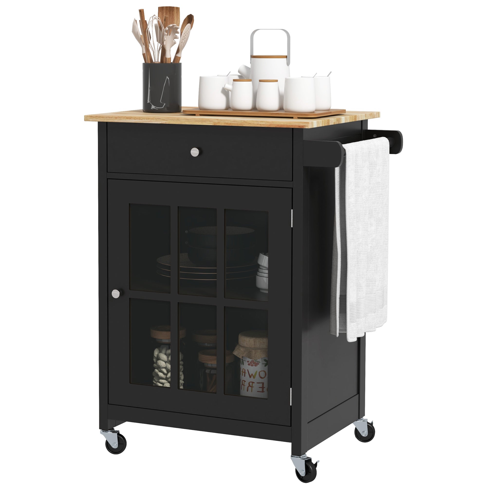 HOMCOM Kitchen Mobility: 26.4"x18.9"x34.1" Rolling Island with Drawer, Adjustable Shelf, Towel Rack, Black Finish 