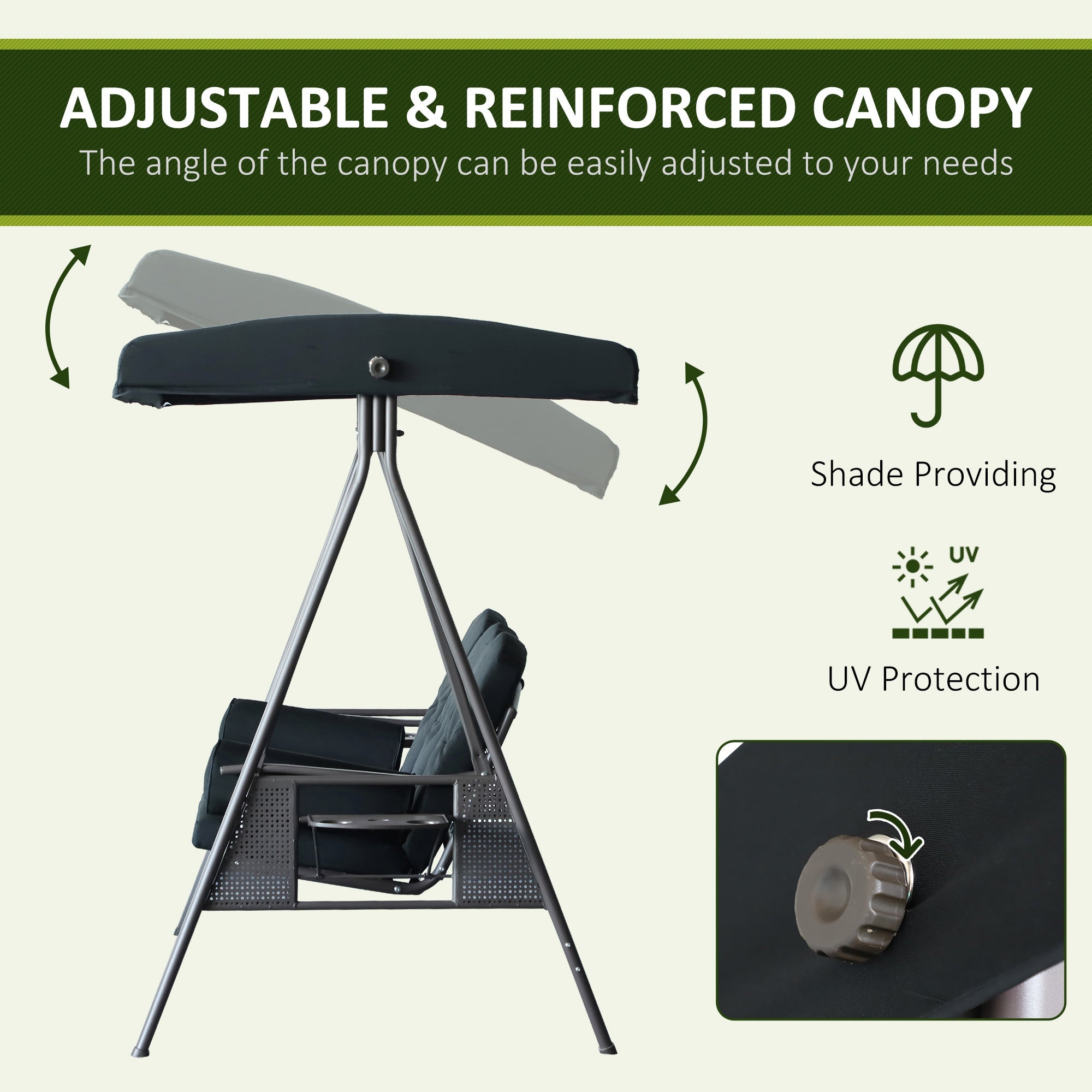 Outsunny 3-Person Porch Swing Chair Heavy Duty Outdoor Lounge Hammock with Cushioned Seat and Tilt Canopy Black 