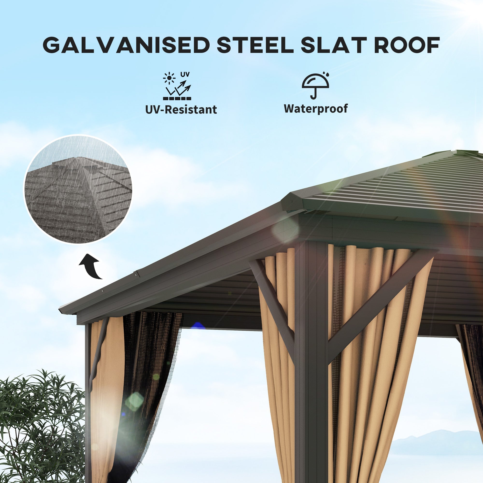 Outsunny 10' x 10' Hardtop Gazebo Outdoor Aluminum Gazebo Canopy with Mosquito Netting, Curtains, Hanging Hook, Brown 