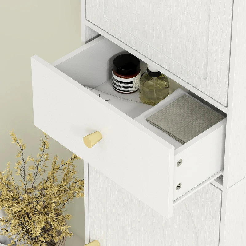 67" Tall Bathroom Cabinet, Slim Bathroom Storage Cabinet with 2 Doors, Drawer and Adjustable Shelf, White Wood Grain