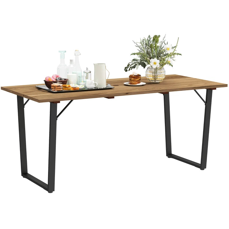 Wooden Outdoor Dining Table for 6 with 2" Umbrella Hole, Slatted Tabletop, Metal Frame, for Yard, Deck, Lawn