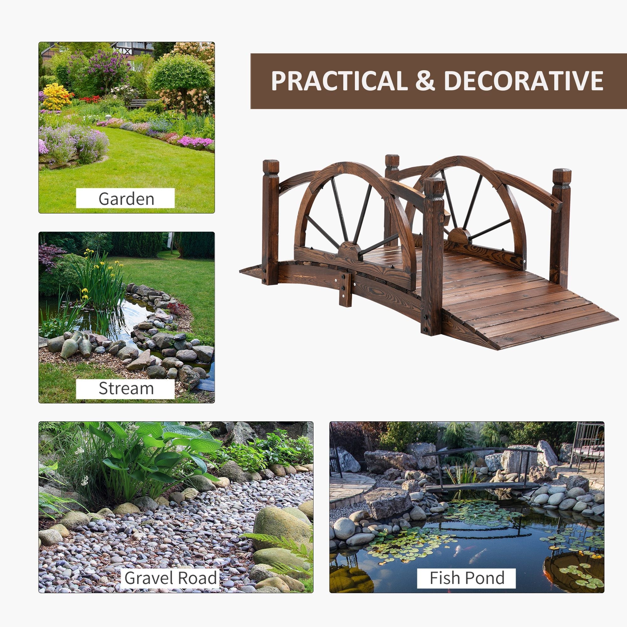 Outsunny Wooden Garden Bridge, Decorative Arc Footbridge with Safety Guardrail 