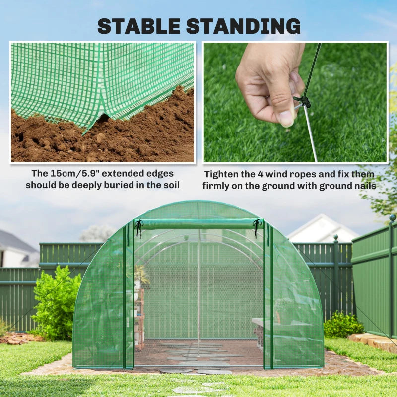 Walk-in Tunnel Greenhouse with 2 Support Rods, Mesh Door, Plant Hot House with PE Cover, 20'x10'x7', Green