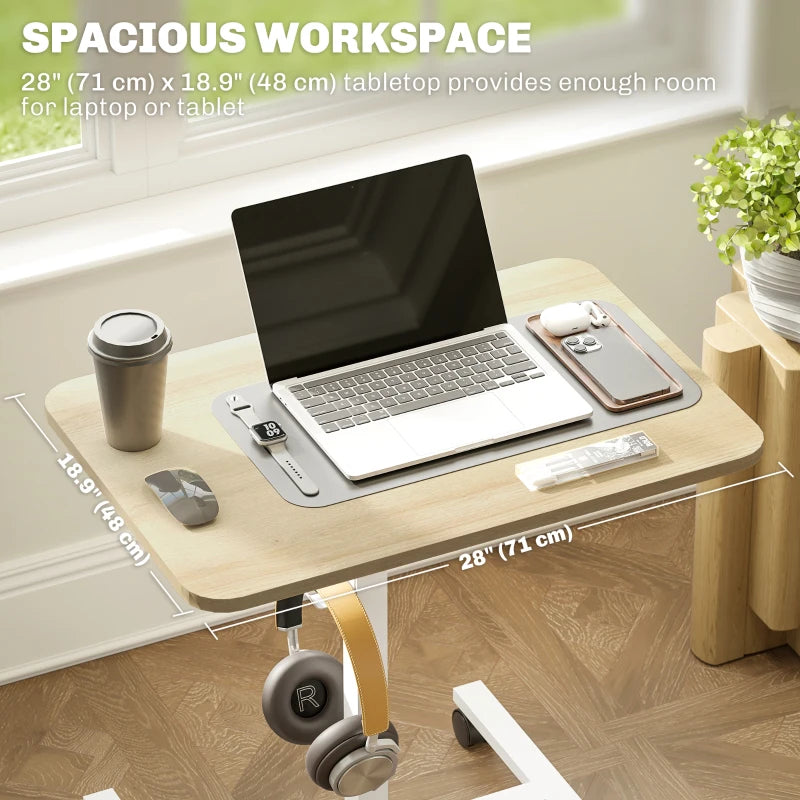 Height Adjustable Standing Desk, Pneumatic Sit Stand Desk with Wheels and Headphone Hook, Natural Wood Grain