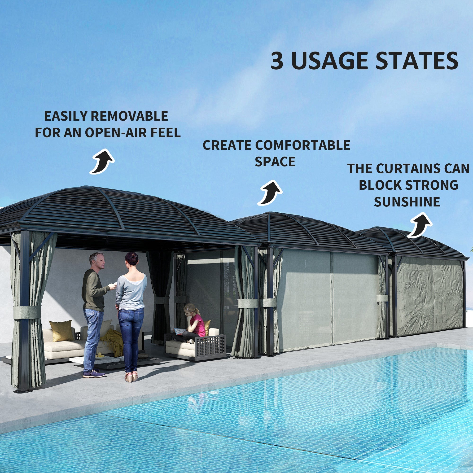 Outsunny 10' x 13' Hardtop Gazebo Aluminum Outdoor Canopy with Mesh Nettings, Curtains, Dark Grey 
