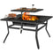 Square Outdoor Fire Pit Firepit with Adjustable Grill Grate, Wood Fire Pit with Adjustable Foot Pads, Outer Ledge, Poker for Backyard Bonfire Picnic, Black