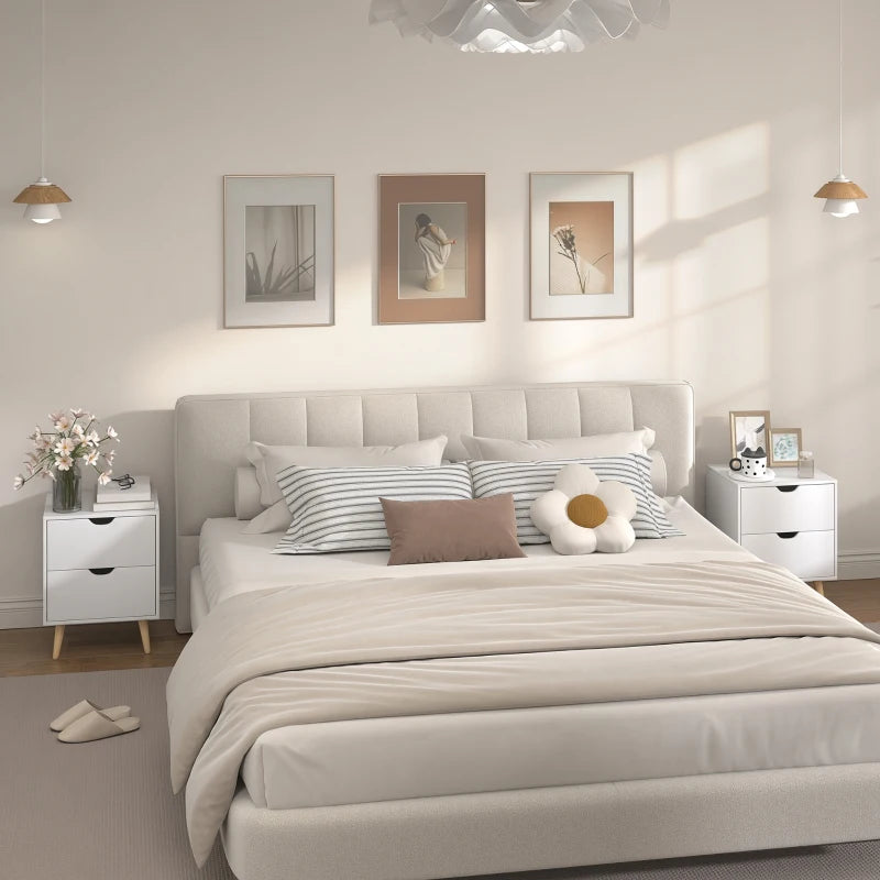 Modern Bedside Table Set of 2, Nightstand with 2 Drawers and Pine Wood Legs for Bedroom, Living Room, White