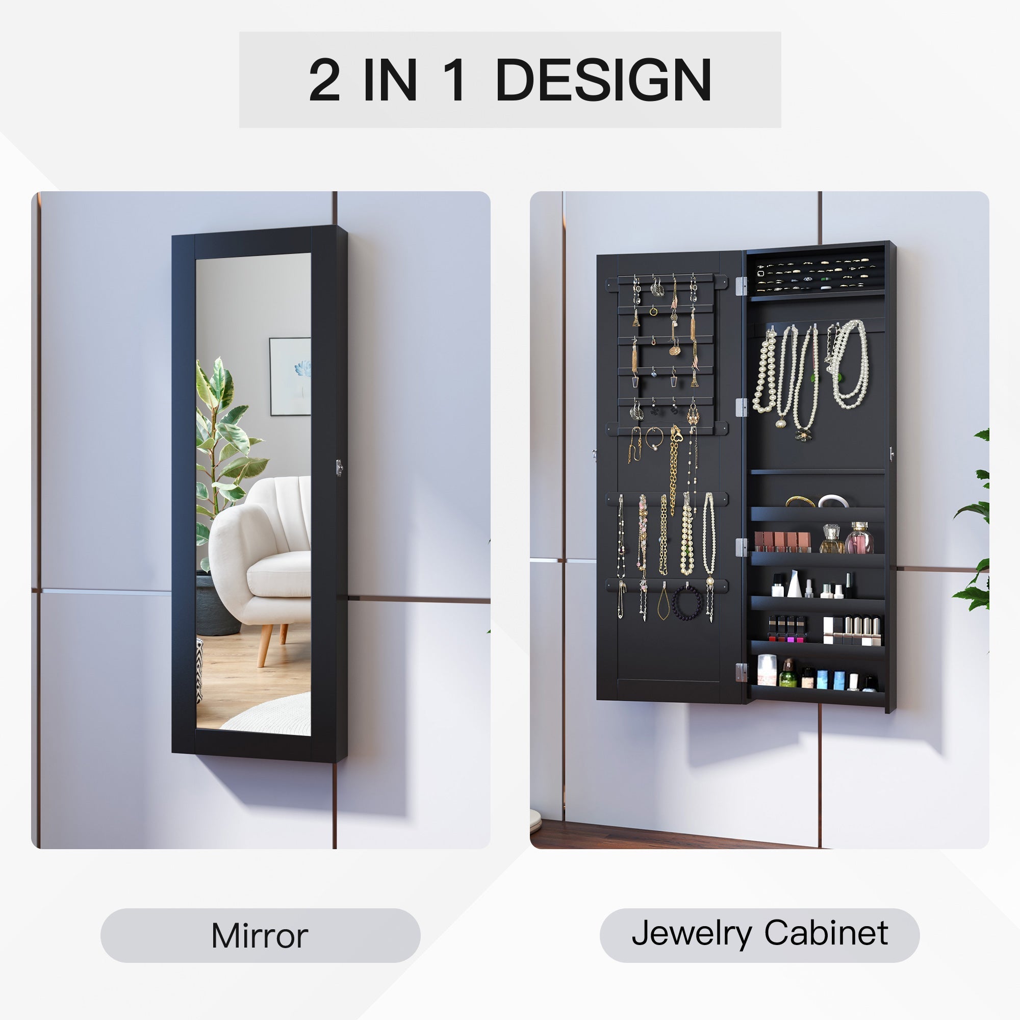 HOMCOM Wall-Mount Mirrored Jewelry Cabinet: With Real Glass Mirror, Lockable, Black 