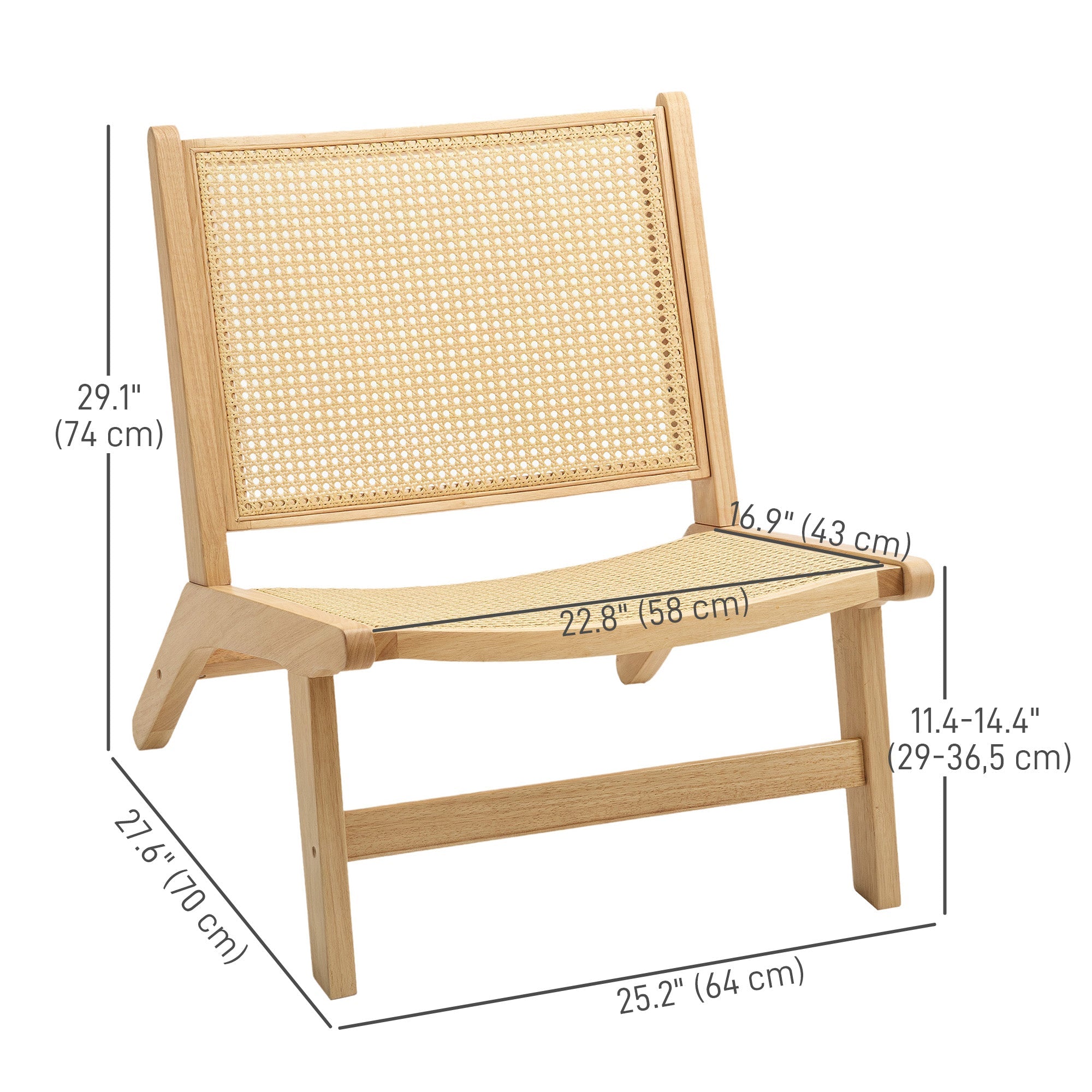 HOMCOM Rattan Accent Chair, Mid-Century Leisure Chair with Rubber Wood Frame, for Bedroom Living Room, Natural 