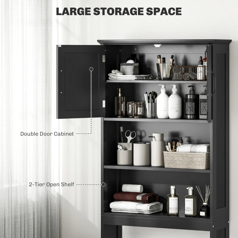 Modern Over The Toilet Storage, Bathroom Cabinets Over Toilet with Open Shelves and Double Door Cabinet, Black