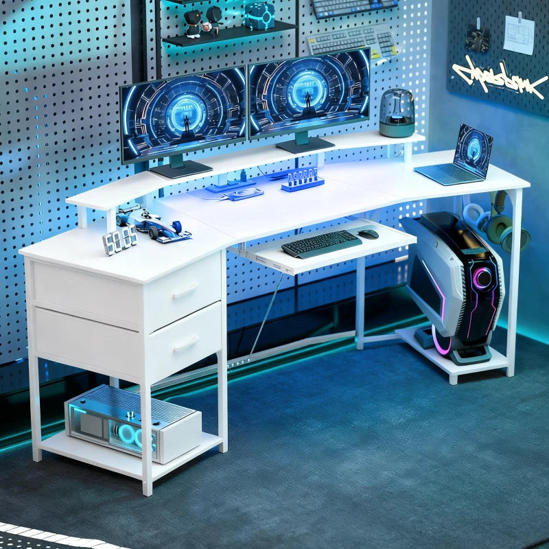 79 inch Gaming Desk with RGB Lights, Computer Table with Power Outlets & USB Ports, Keyboard Tray and 2 Drawers, White