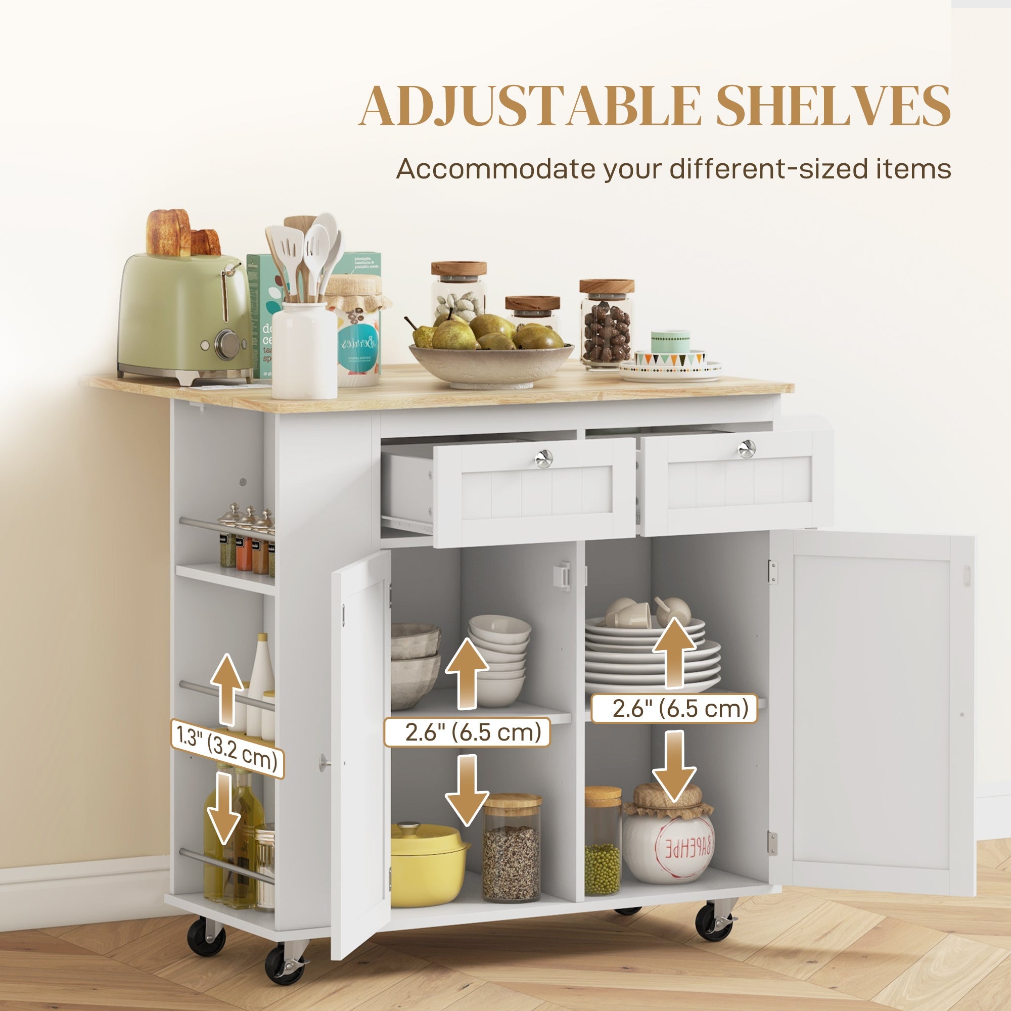 HOMCOM Kitchen Island: Power Outlet, Drop Leaf, Rolling Cart, 2 Drawers, Adjustable Shelves 