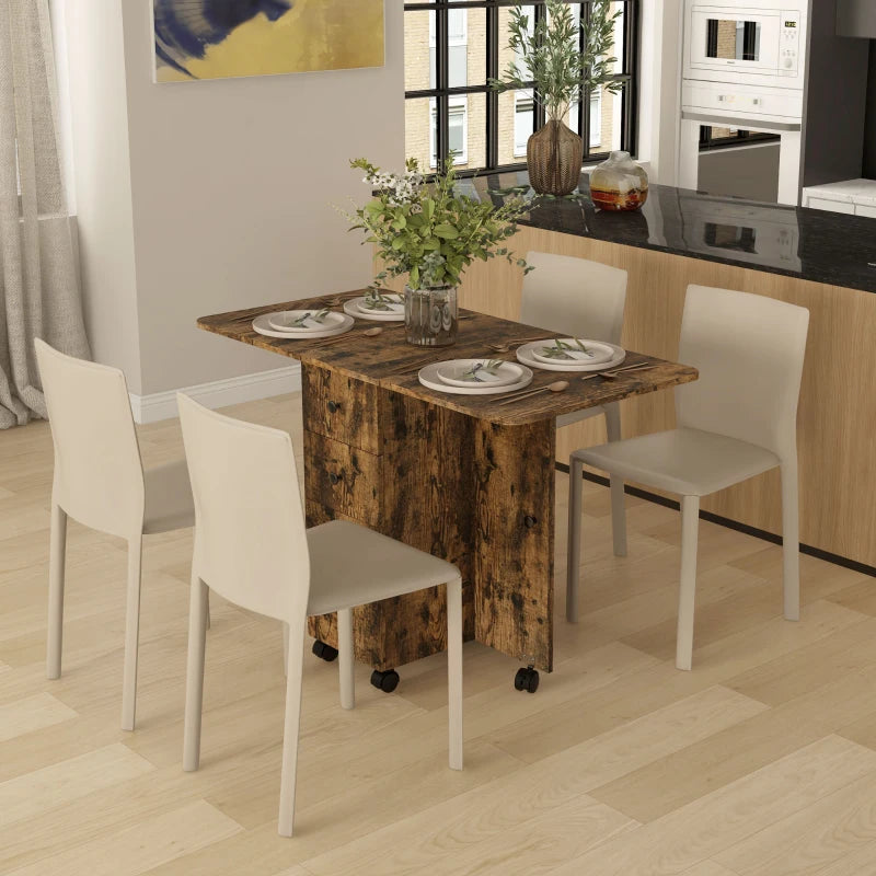 Drop Leaf Dining Table, Mobile Folding Table on Wheels with Drawers and Cabinet for Dining Room, Kitchen, Rustic Brown