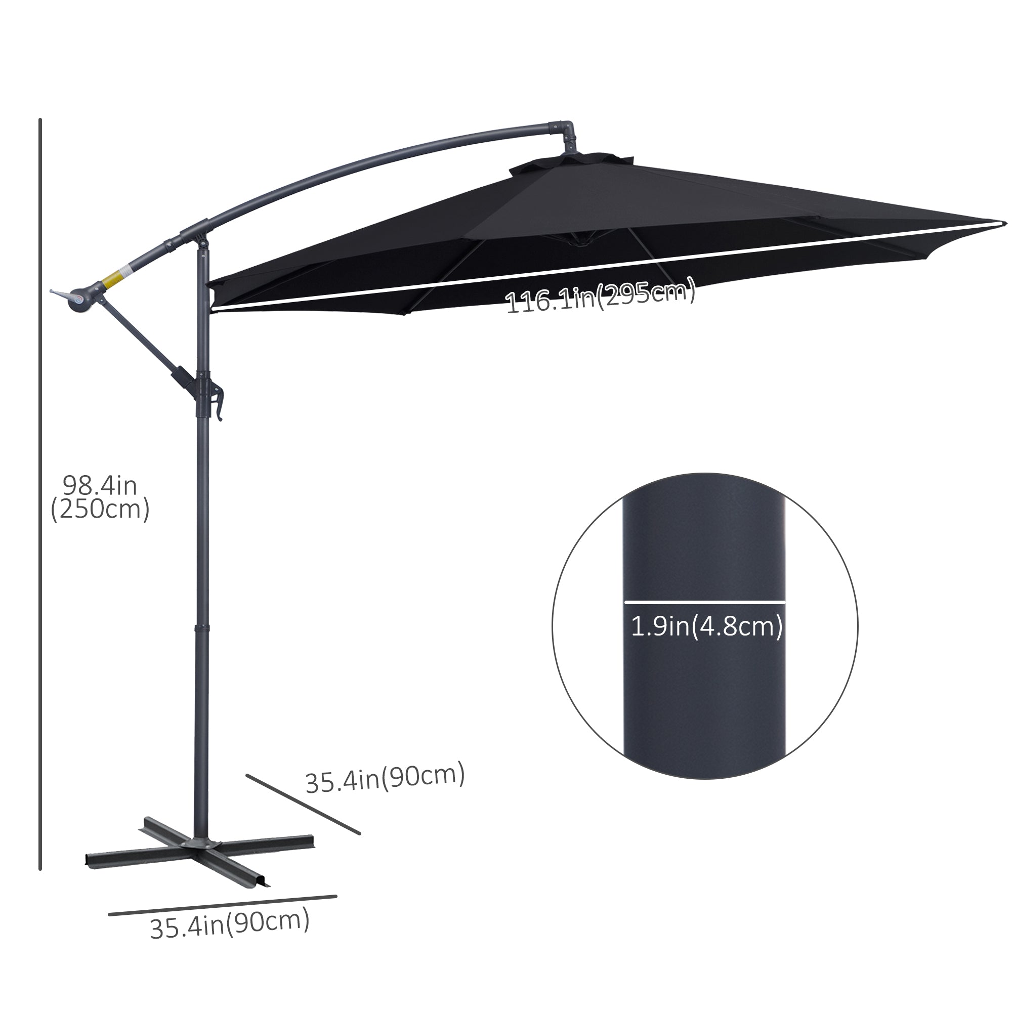 Outsunny Φ10' Offset Hanging Umbrella Patio Sun Shade Canopy Outdoor Market Parasol Crank Lift Cross Base Black 