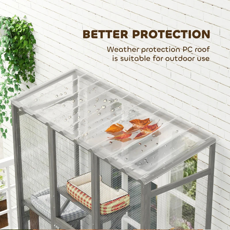 Wooden Catio Outdoor Cat Enclosure with 6 Jumping Platforms, Scratching Post, 2 Ramps, Waterproof Roof, Grey