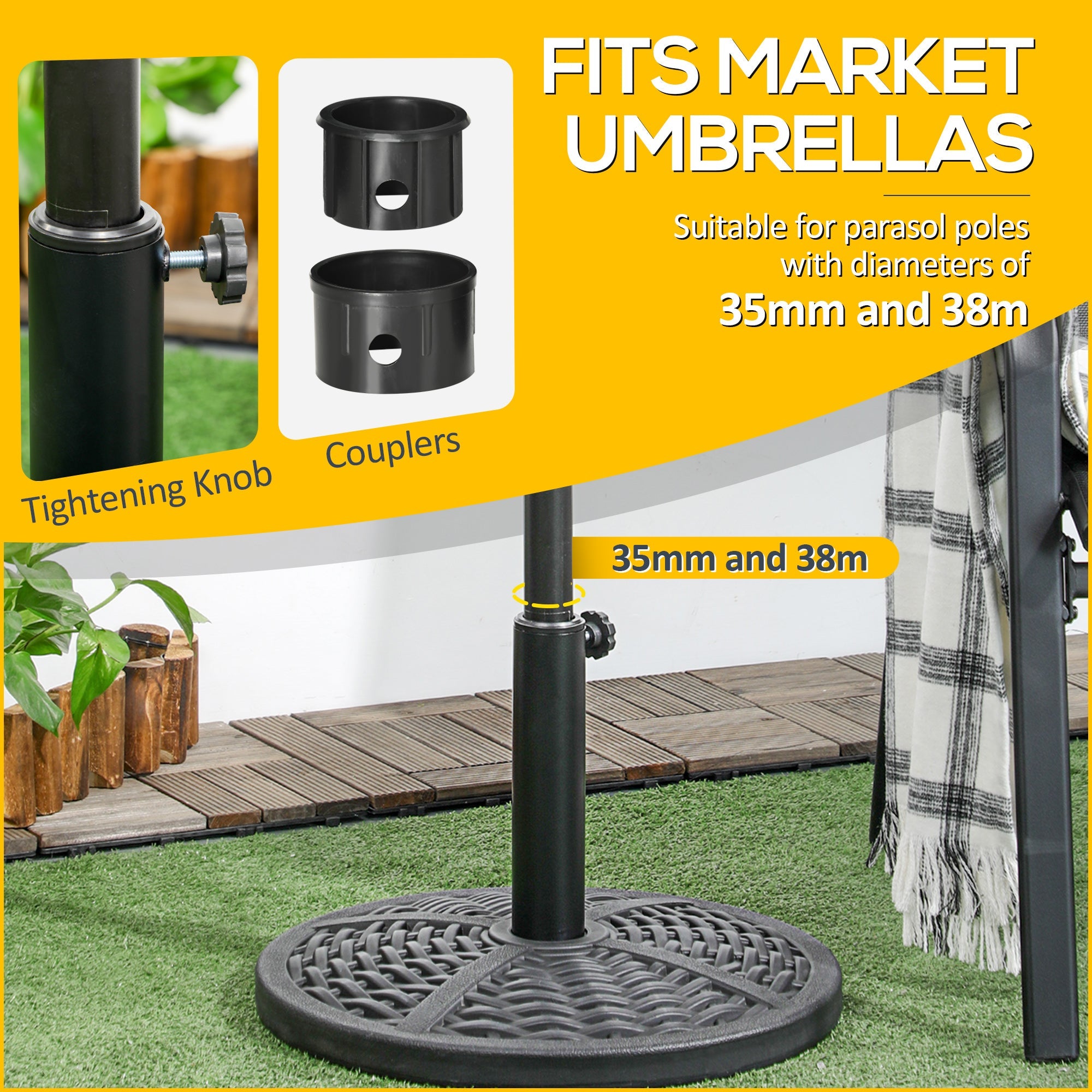 Outsunny 21lb Heavy Duty Patio Umbrella Base: 18" Round Resin Rattan Design Stand Black 