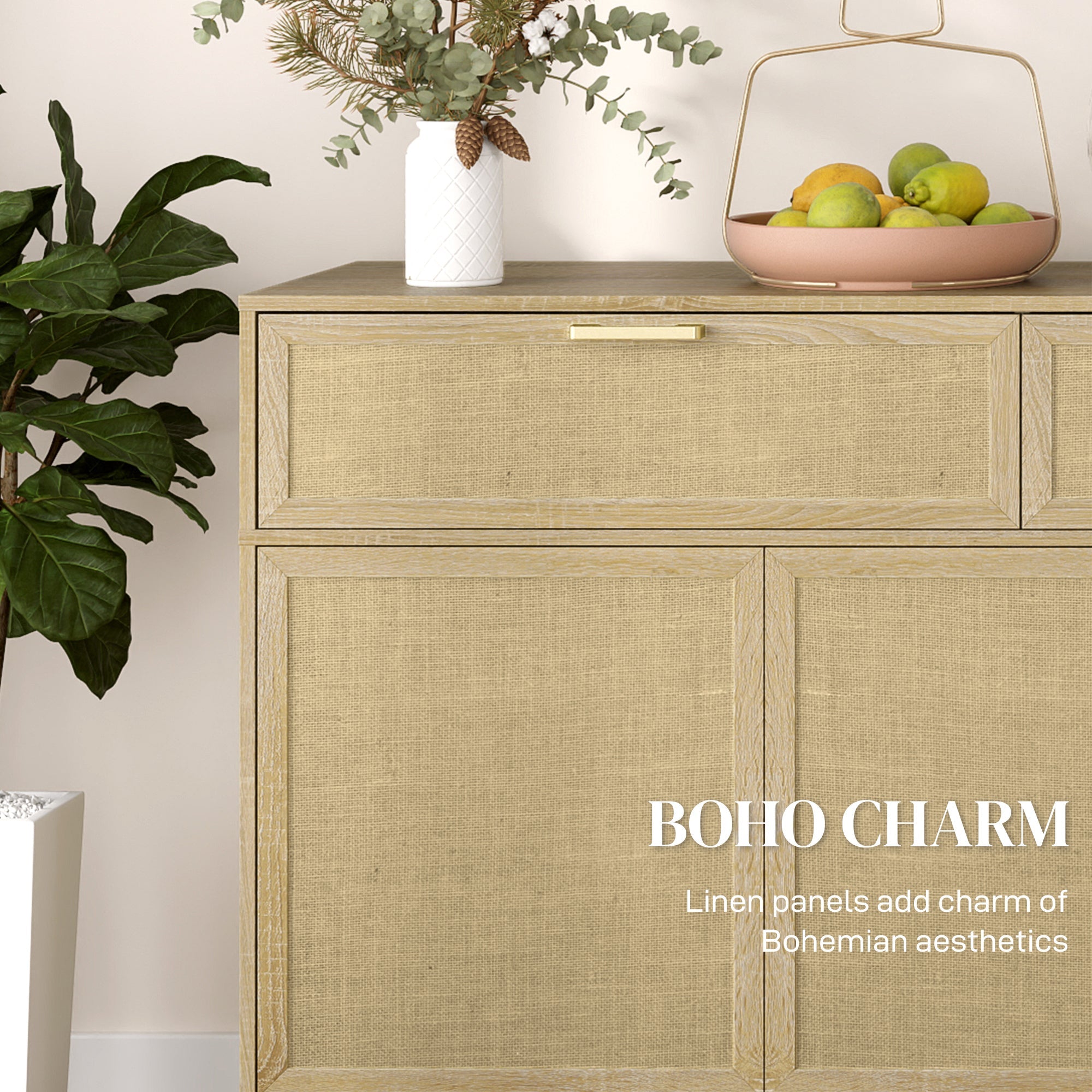 HOMCOM Boho Kitchen Sideboard Buffet Cabinet with Hinge Doors, Drawers and Adjustable Shelf for Living Room, Natural Wood 