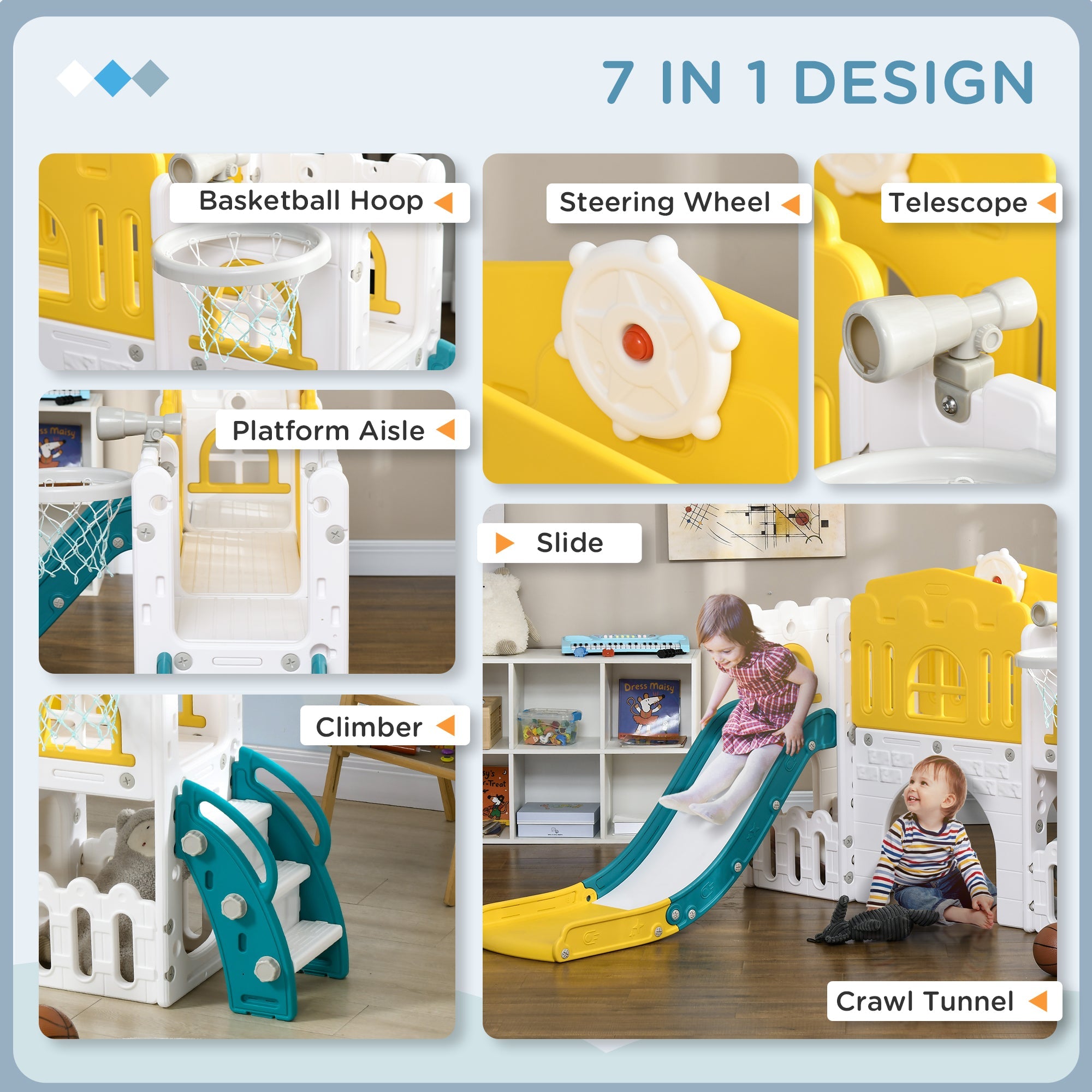 Qaba 7 in 1 Toddler Slide with Basketball Hoop, Climber, Telescope, Tunnel, Steering Wheel, for 1-3 Years, Yellow 