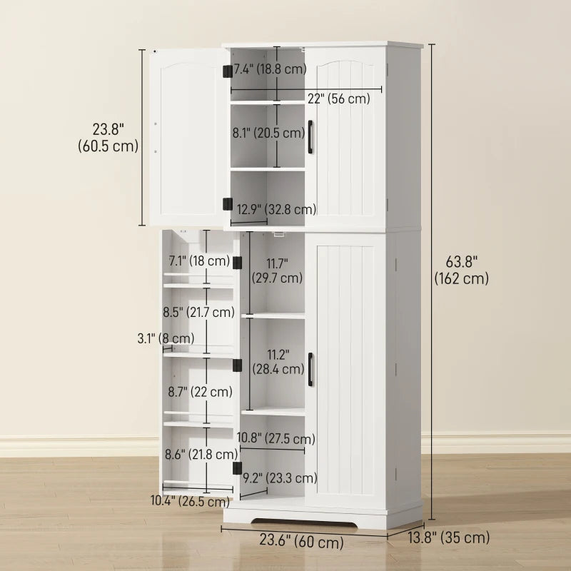 Tall Pantry Cabinet, 64" Storage Cabinet with Adjustable Shelves and 8 Door Spice Racks for Kitchen, Dining Room, White