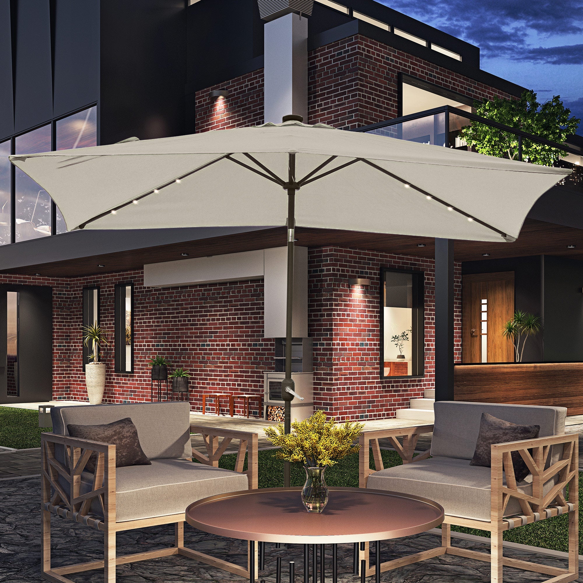 Outsunny 6'x10' Solar LED Patio Umbrella: Rectangular Outdoor Table Umbrella with Tilt Crank, Beige 