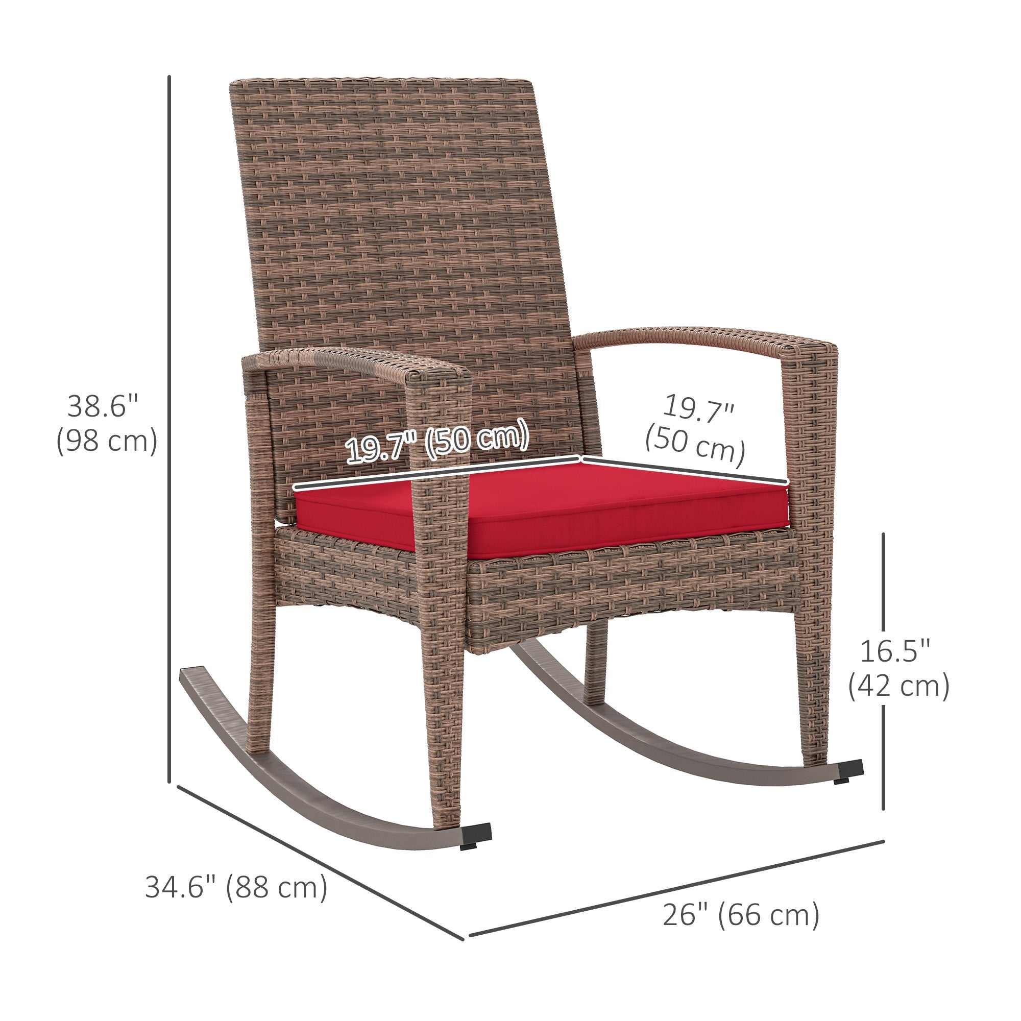 Outsunny Outdoor PE Rattan Rocking Chair, Garden Glider Rocking Chair, Wicker Patio Chair Set with Armrest and Cushion, Wine Red 