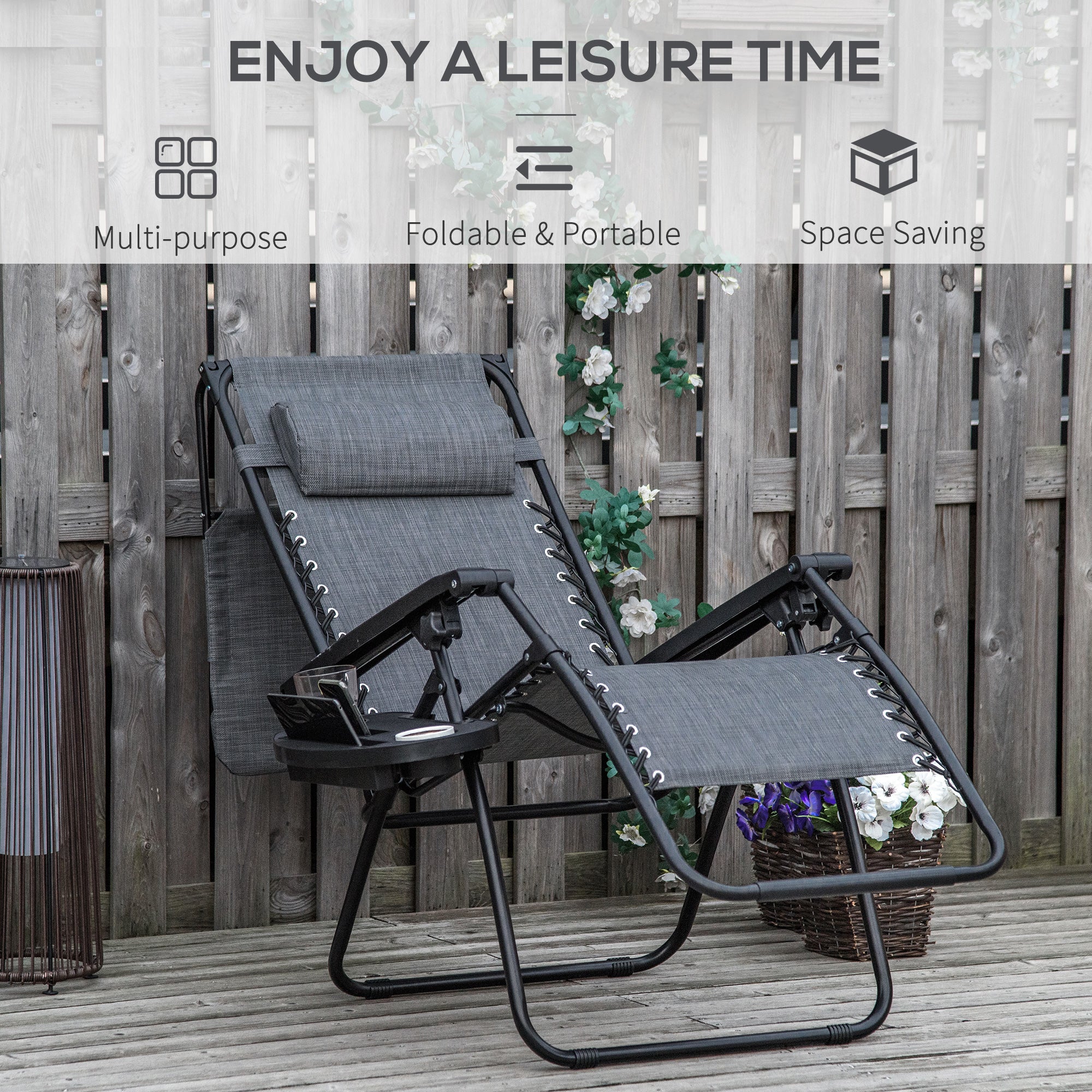 Outsunny Outdoor Zero Gravity Reclining Lounger Chair with Canopy Shade, Side Tray, Cupholder, Light Grey 