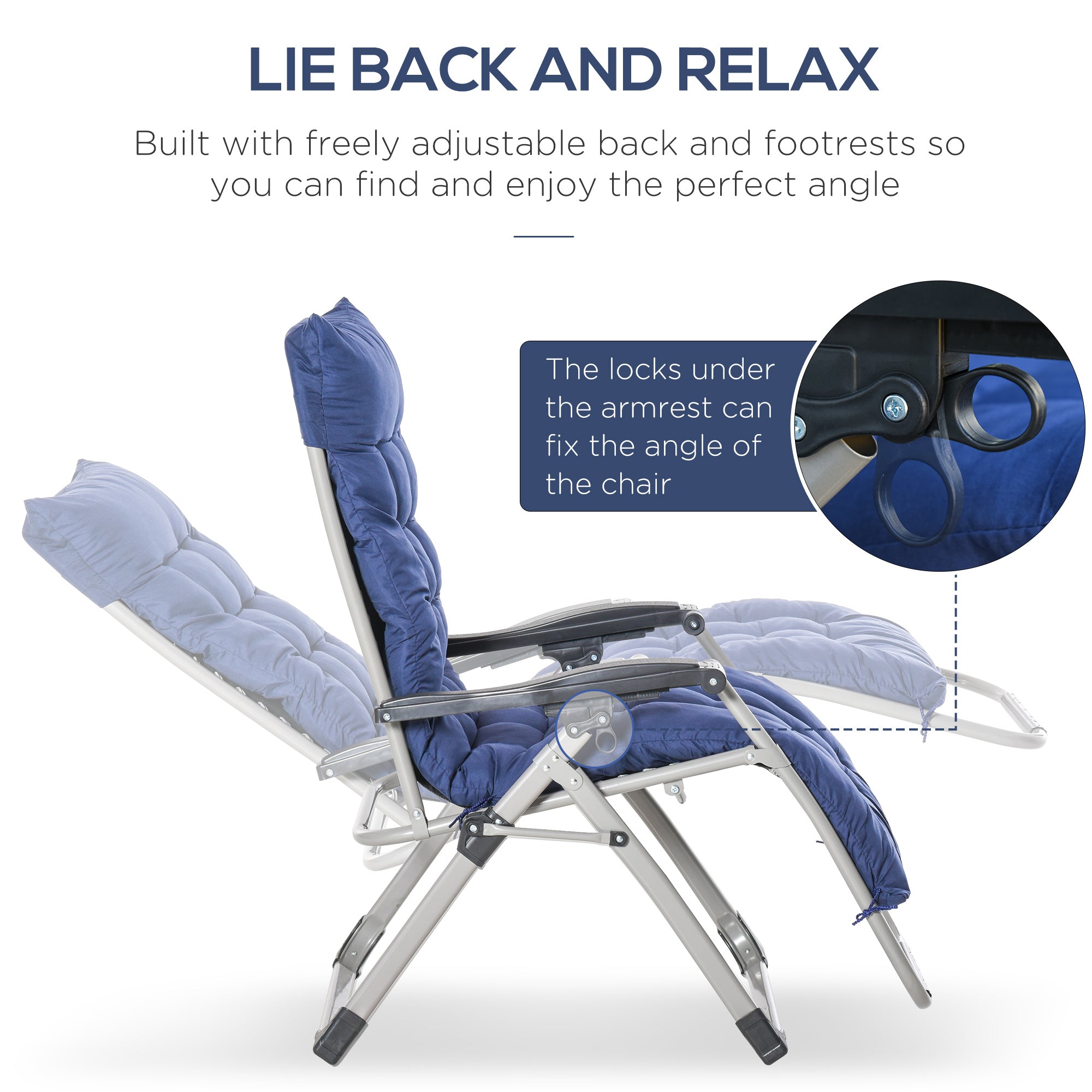 Outsunny Reclining Zero Gravity Chair Folding Garden Sun Lounger with Cushion Headrest Blue 