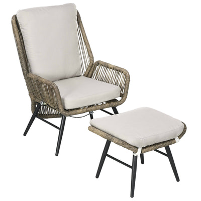 Outsunny 2 PCs PE Rattan Leisure Chair Set, Outdoor Reclining Patio Chair and Footrest w/ Adjustable Backrest & Cushion, Khaki 