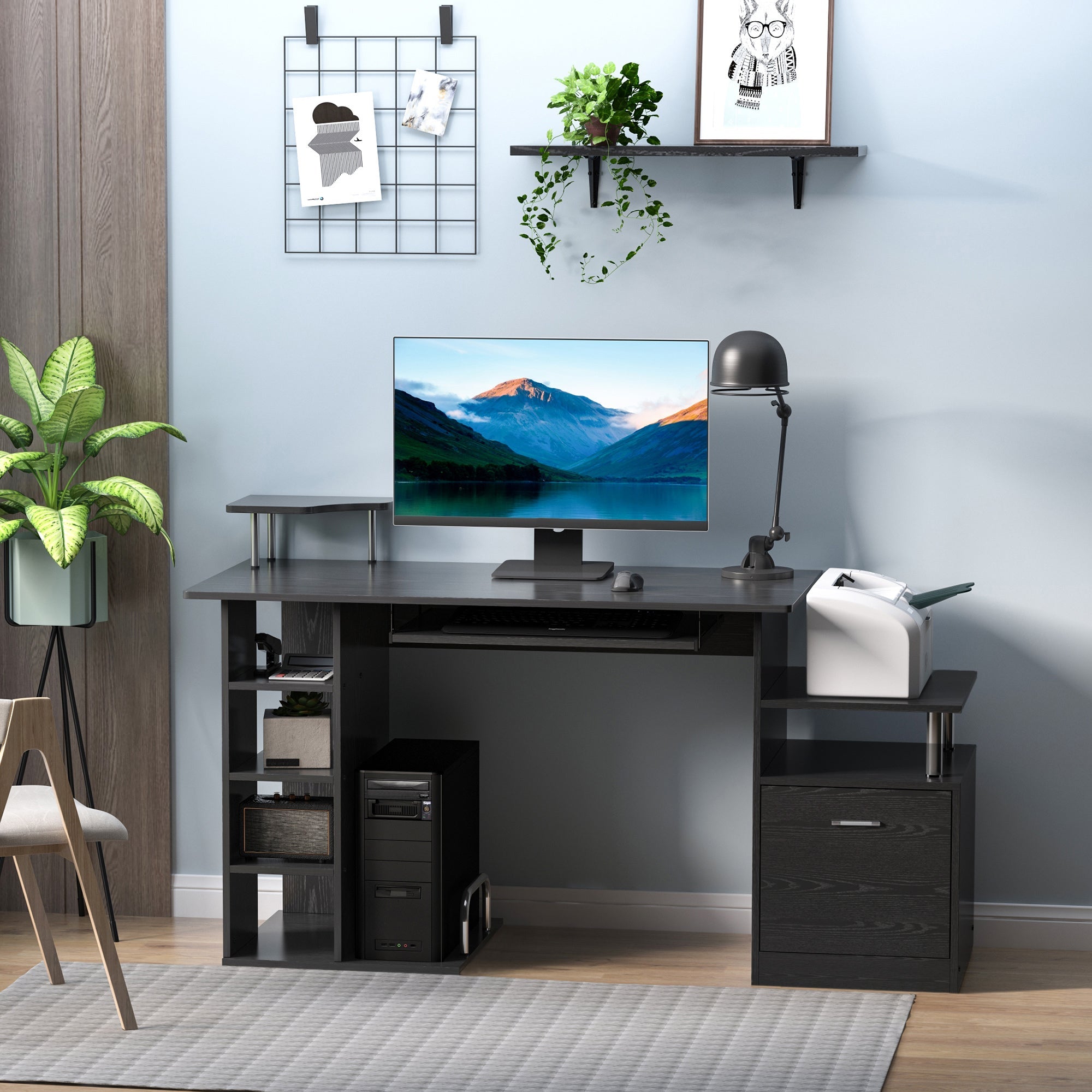 HOMCOM Wooden Computer Desk - Black Laptop Workstation with Storage Shelf and Drawer for Home Office 