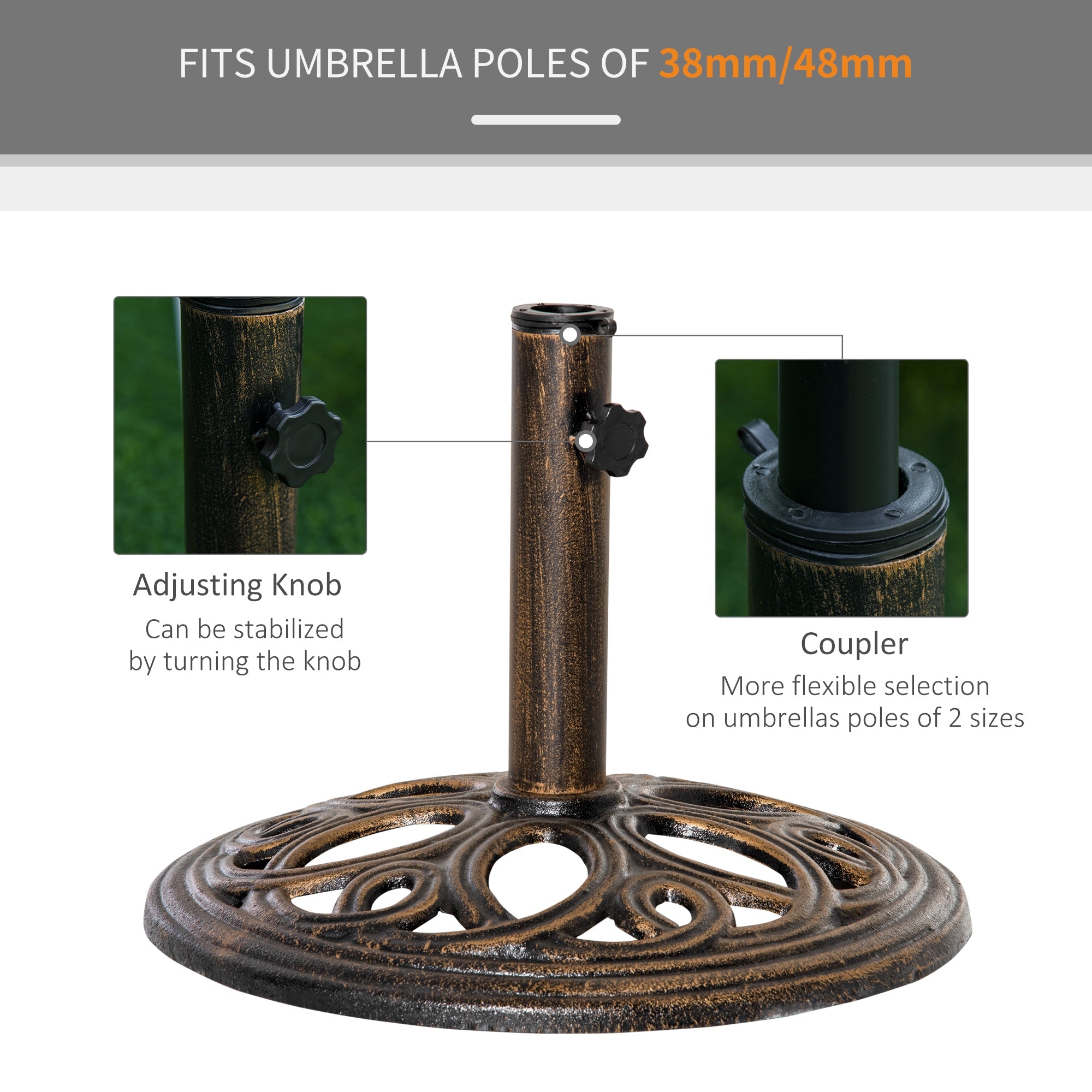 Outsunny Round Cast Iron Patio Umbrella Base: Outdoor Stand Holder for Φ38/48mm Poles, Bronze 