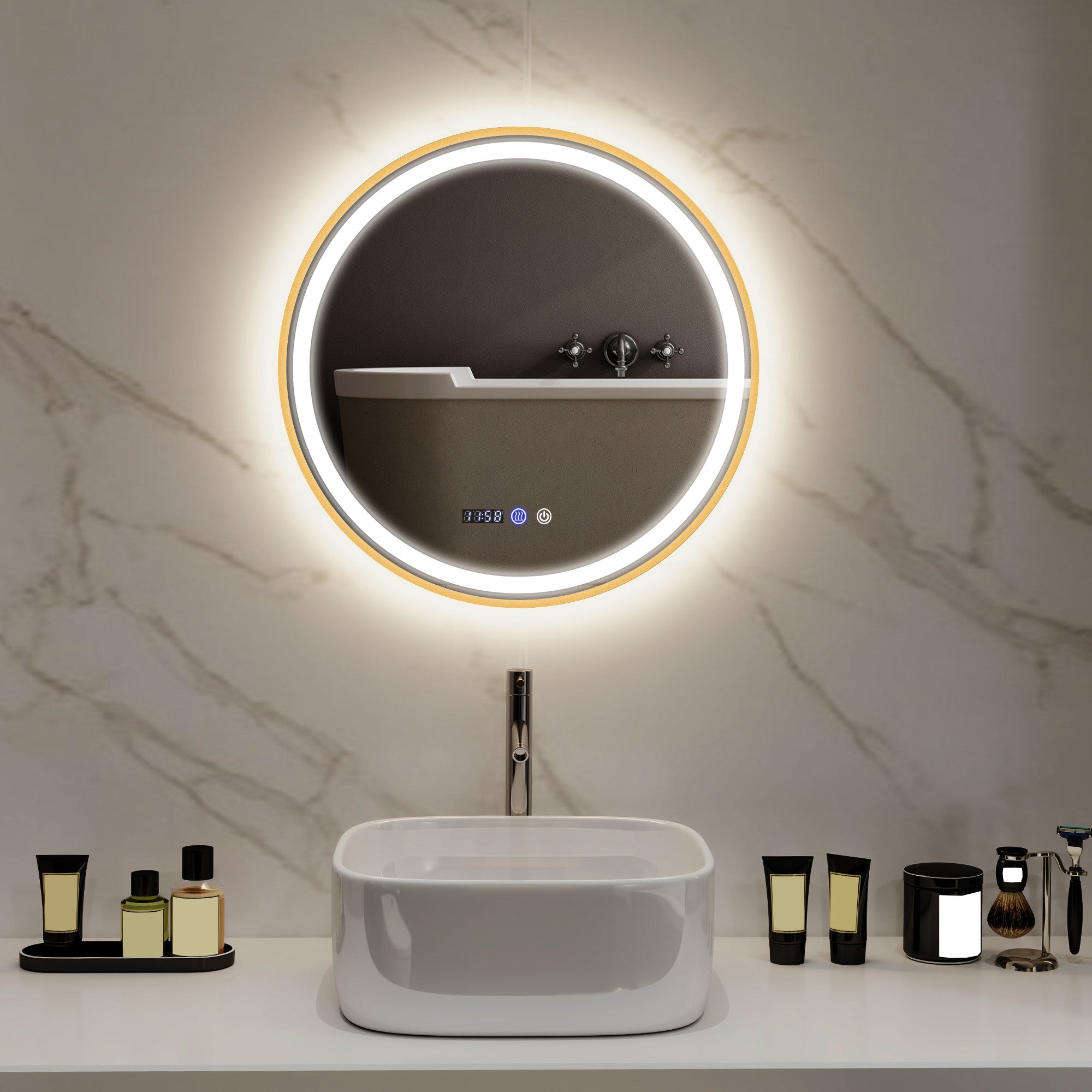 HOMCOM 24" Round Bathroom Mirror with LED Lights, Wall Mounted Vanity Mirror with Anti-Fog Pad, Time and Temp Display, Gold 