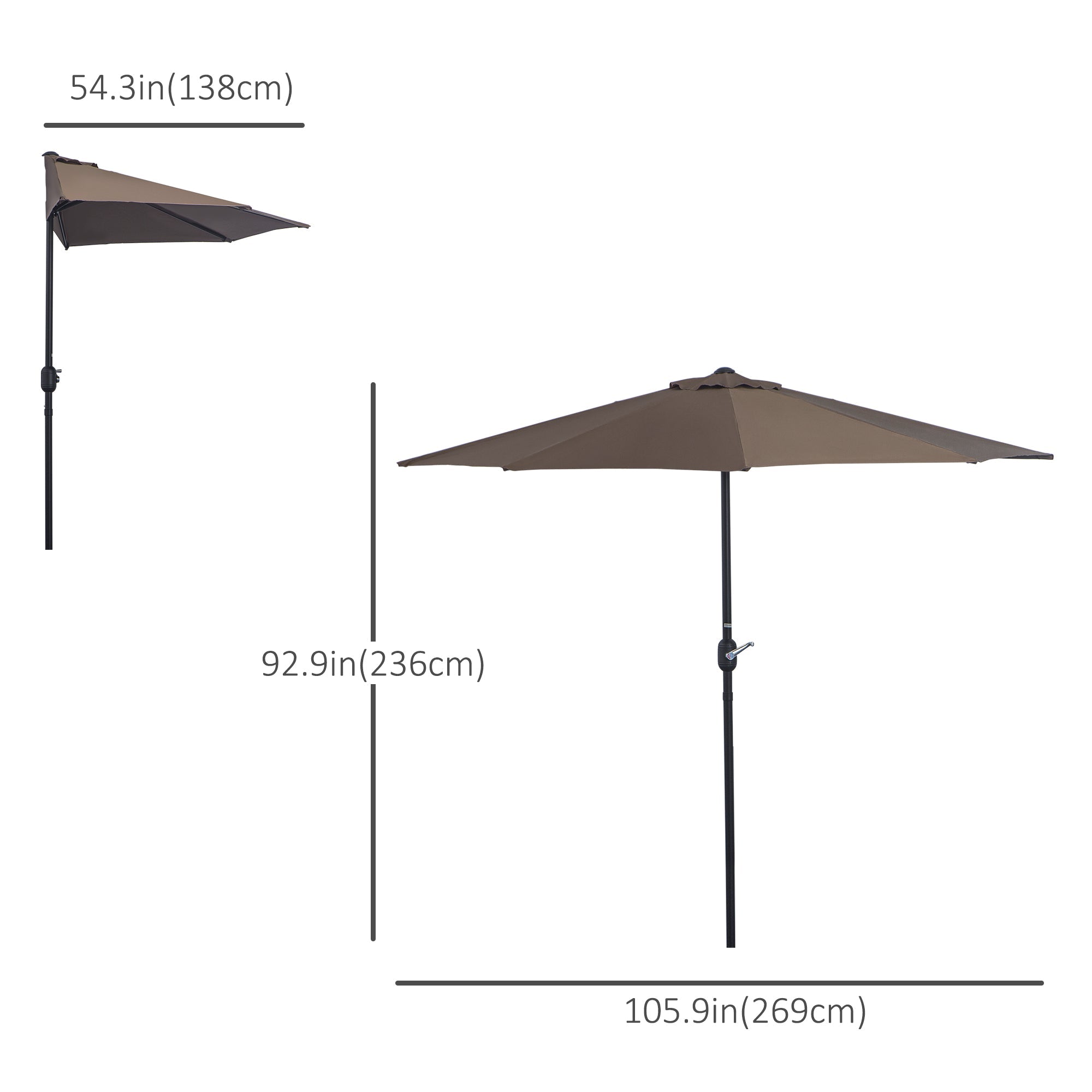 Outsunny 9ft Half Round Umbrella Outdoor Patio Garden Balcony Parasol Window Sun Shade w/ 5 Ribs Coffee 