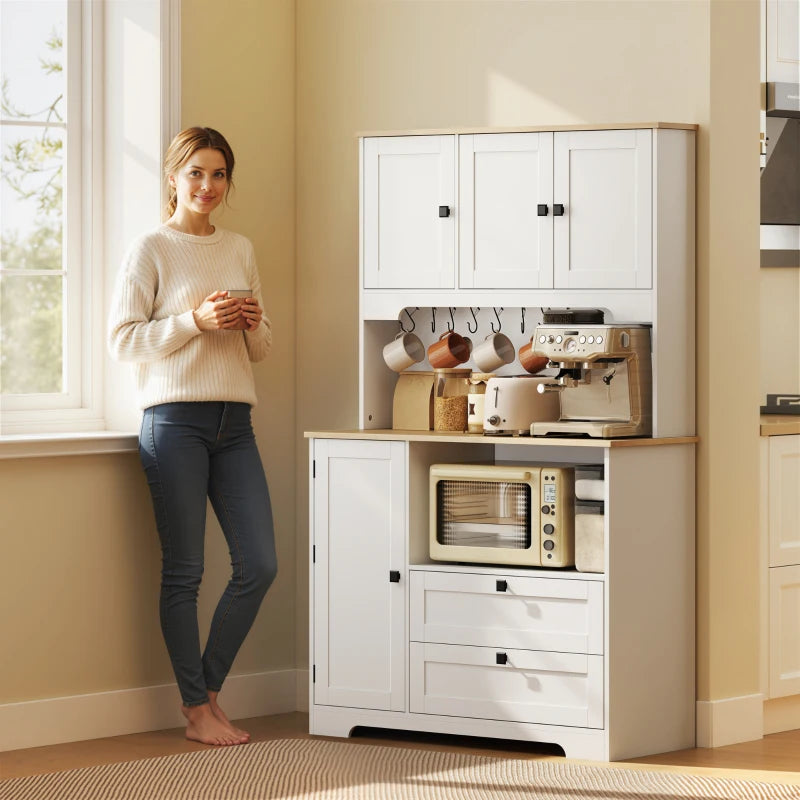 Kitchen Pantry Cabinet, 64" Tall Kitchen Hutch with 3 Cabinets, 2 Drawers, Adjustable Shelves, Microwave Stand, White