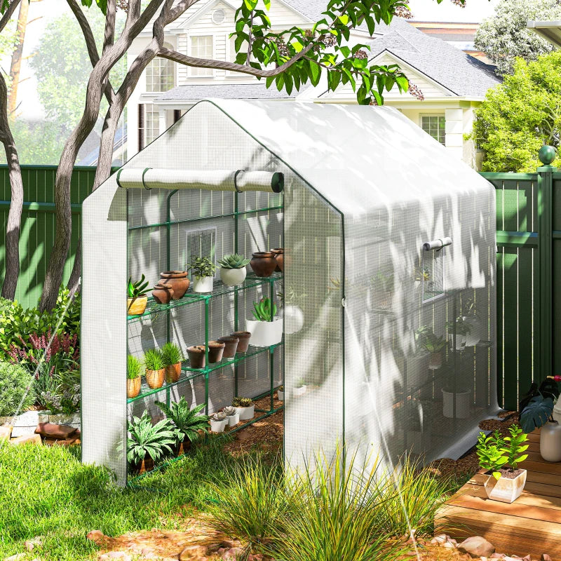 Walk-in Greenhouse with 3 Tier, Garden Plant Growhouse with Roll-up Door and Mesh Windows, 140 x 213 x 190 cm, White