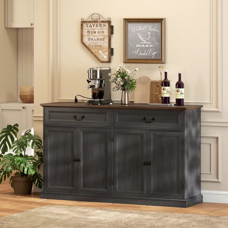 55" Farmhouse Sideboard Buffet Cabinet with Charging Station, 2 Drawers and 2 Adjustable Shelves, Black Wood Grain