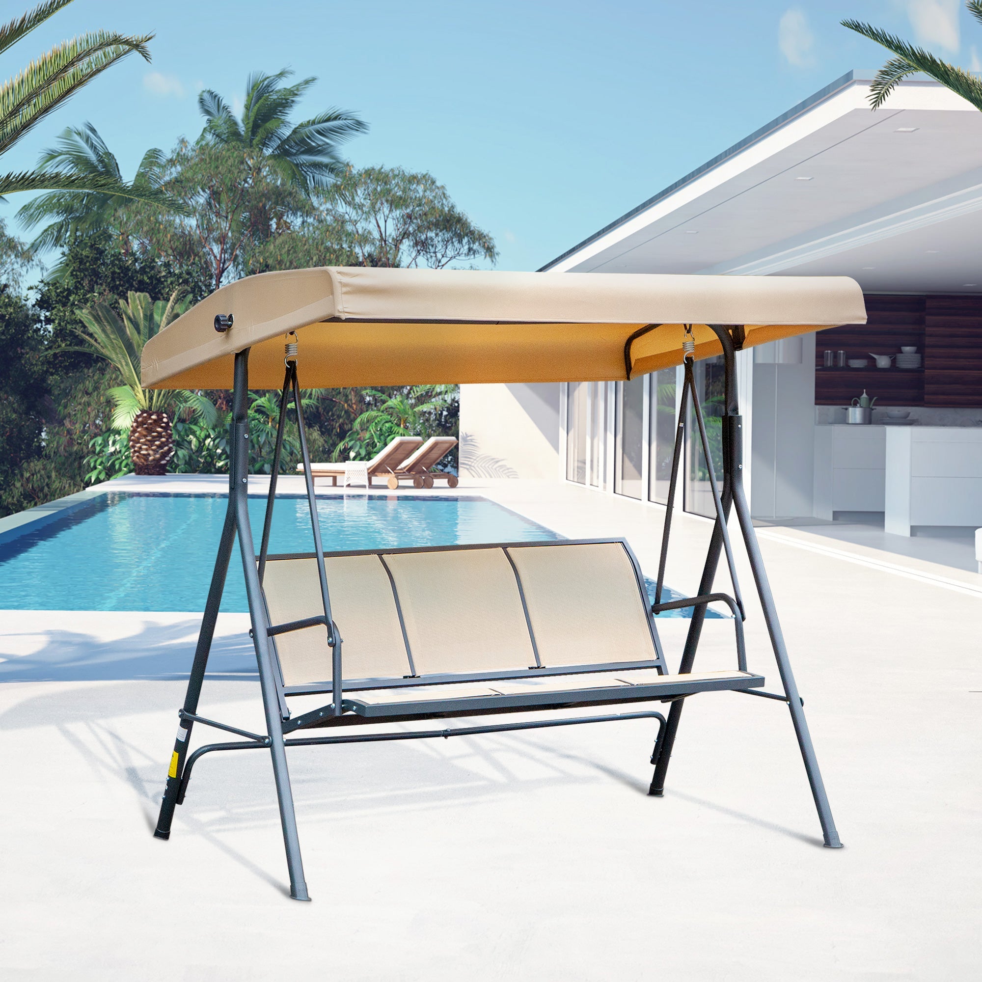 Outsunny 3-Seater Swing Chair Covered Garden Hammock A-Frame Outdoor Porch Glider Sling Seat with Adjustable Canopy Cover, Beige 