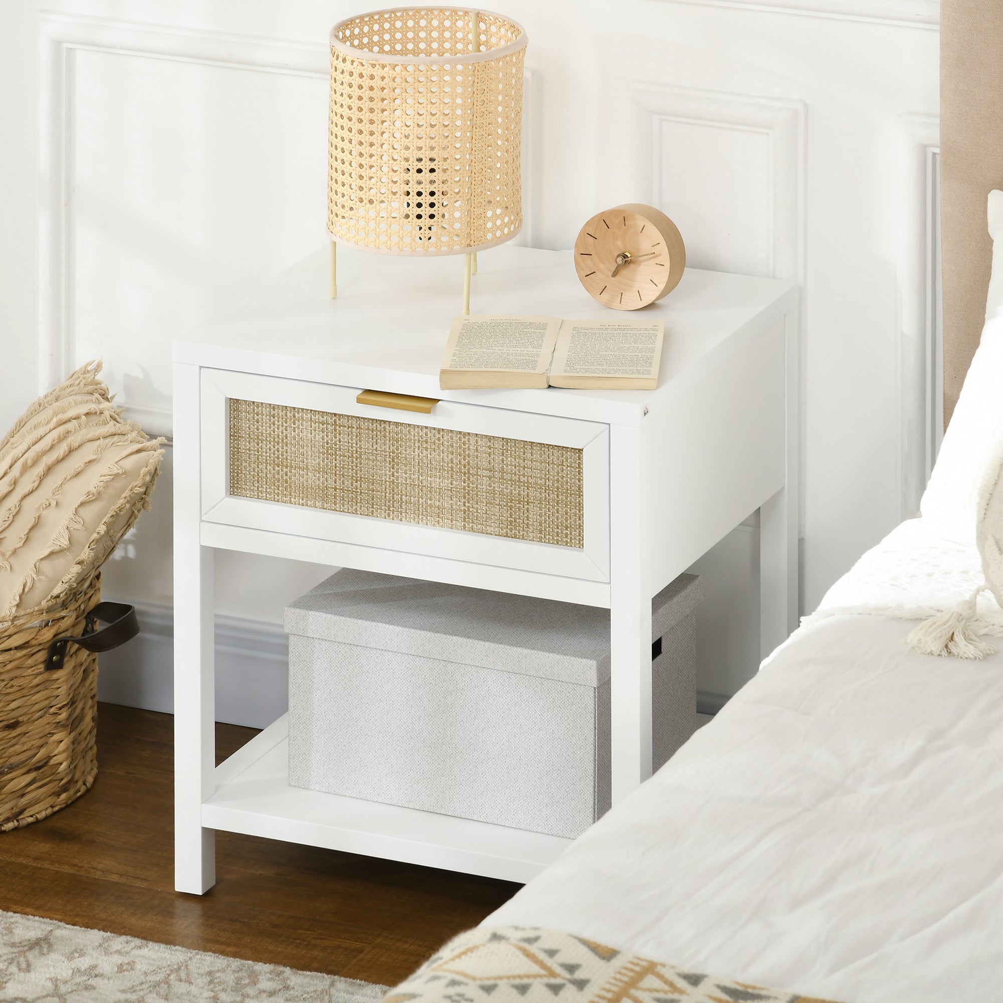 HOMCOM Rustic Retreat: Nightstand with Rattan Drawer and Open Shelf, Farmhouse Bedside Table for Bedroom and Living Room 