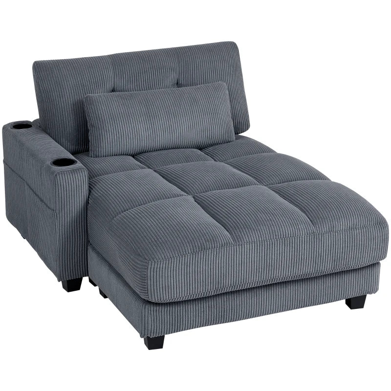 58" Chaise Lounge Indoor, Oversized Corduroy Sofa Bed with 2 Cup Holders, Pillow, Deep Seat Sleeper Couch, Dark Grey