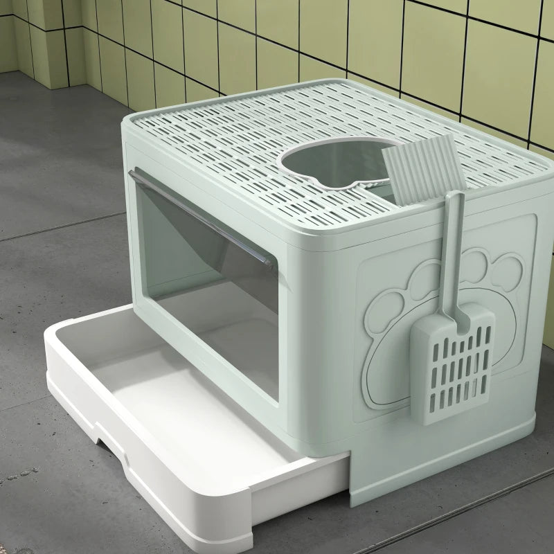 Cat Litter Box, Front Enter & Top Exit Cat Litter Tray with Scoop, Pull-out Tray, Easy to Clean, Green
