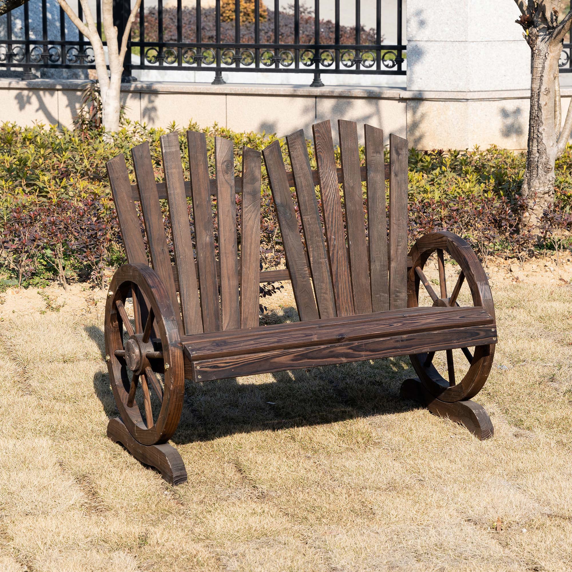 Outsunny Wooden Garden Bench 2-Seat Patio Bench with Wheel-Shaped Armrests Carbonized Color for Outdoor 