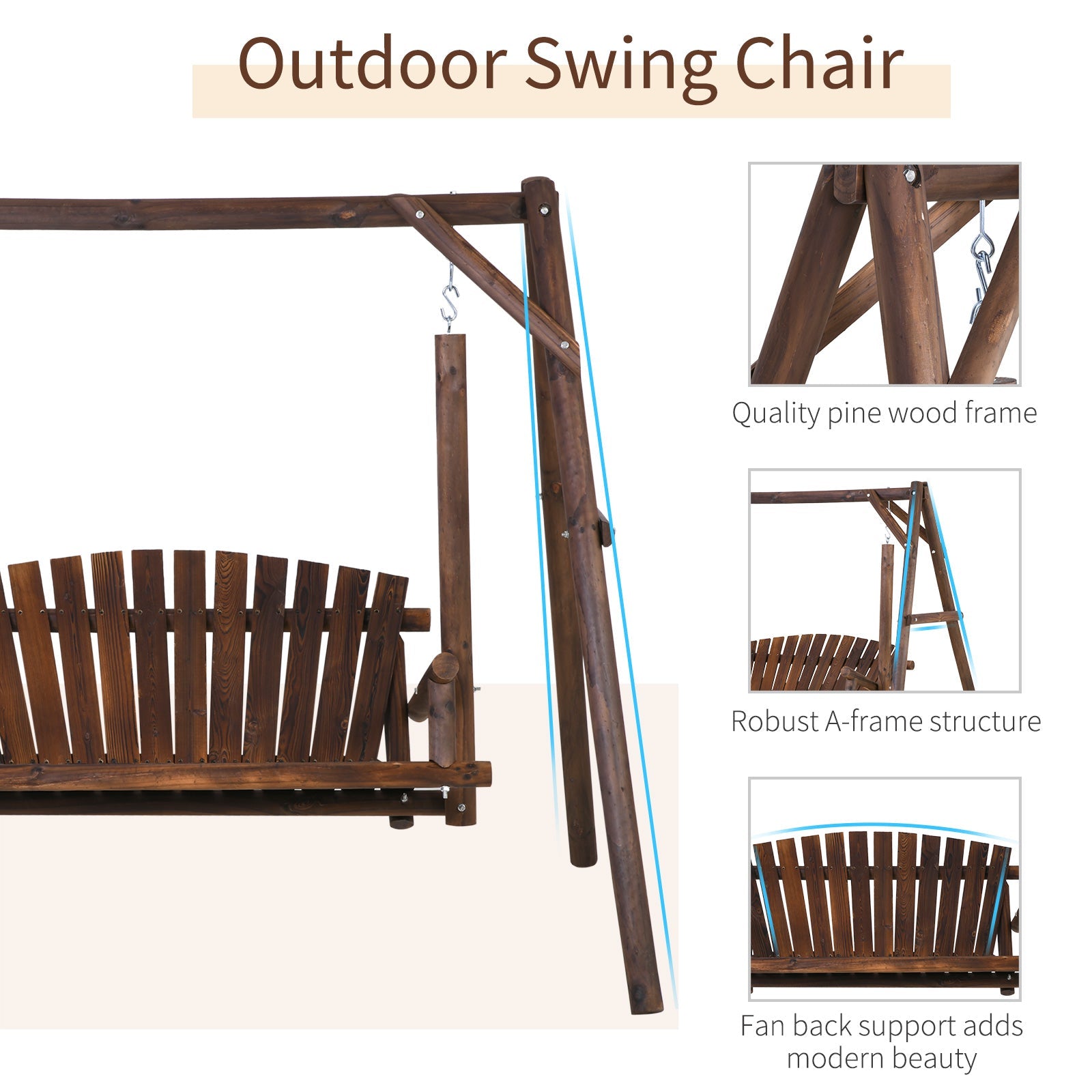 Outsunny Freestanding 6.5' Wooden Loveseat Traditional Farmhouse Style Log Swing Carbonized 