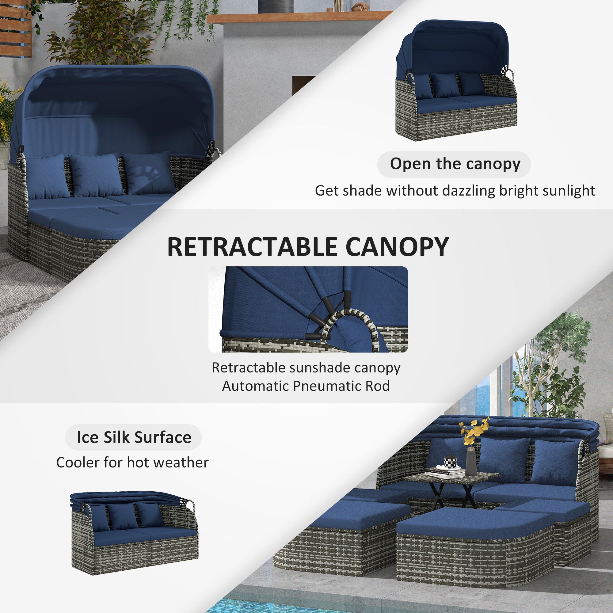 Outsunny 6-Piece Patio Set, PE Rattan Outdoor Daybed with Canopy and Lift up Coffee Table, Conversation Sofa Sets w/ Footstools 